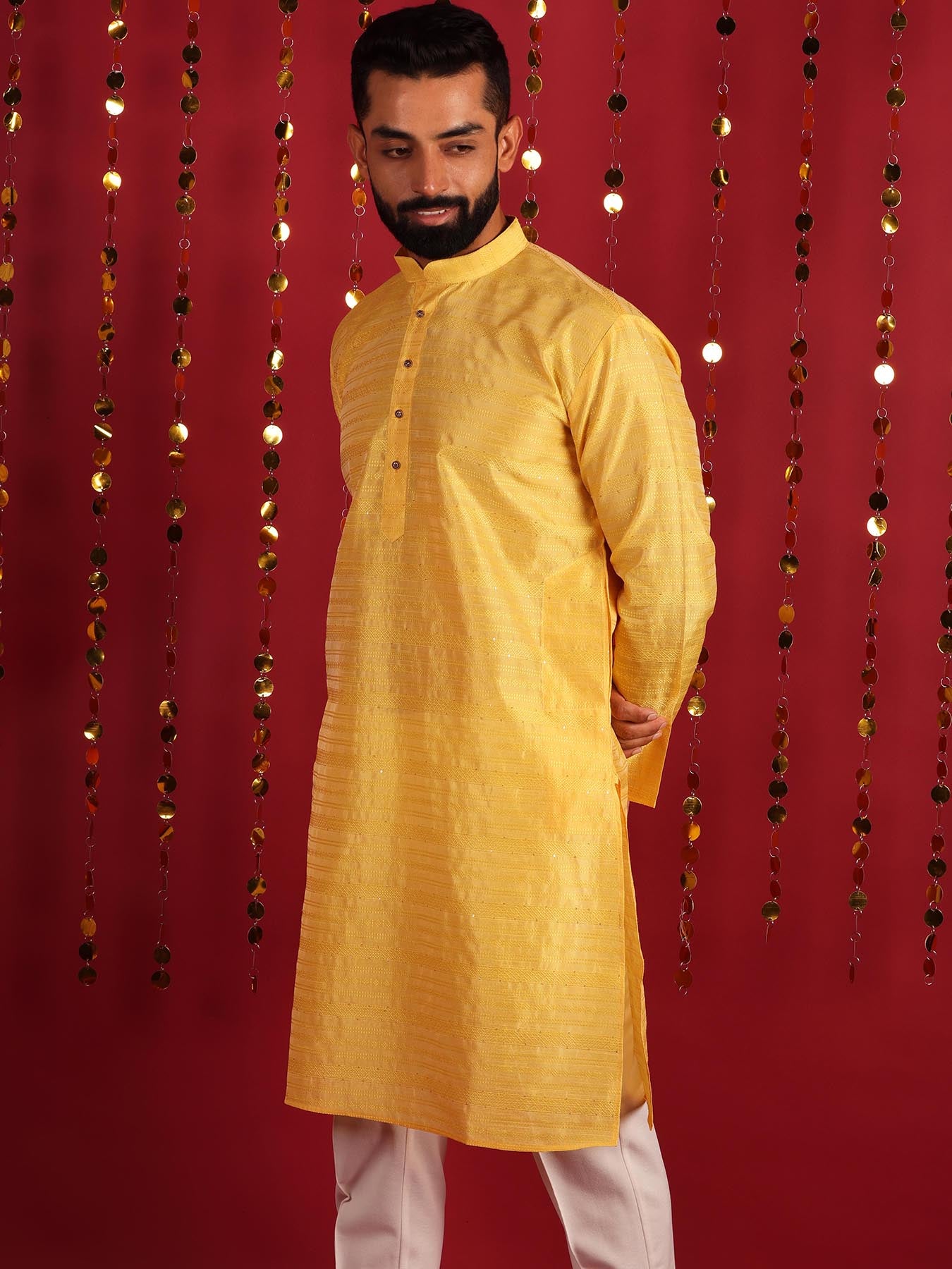 Yellow Woven Design Mandarin Collar Silk Straight Kurta