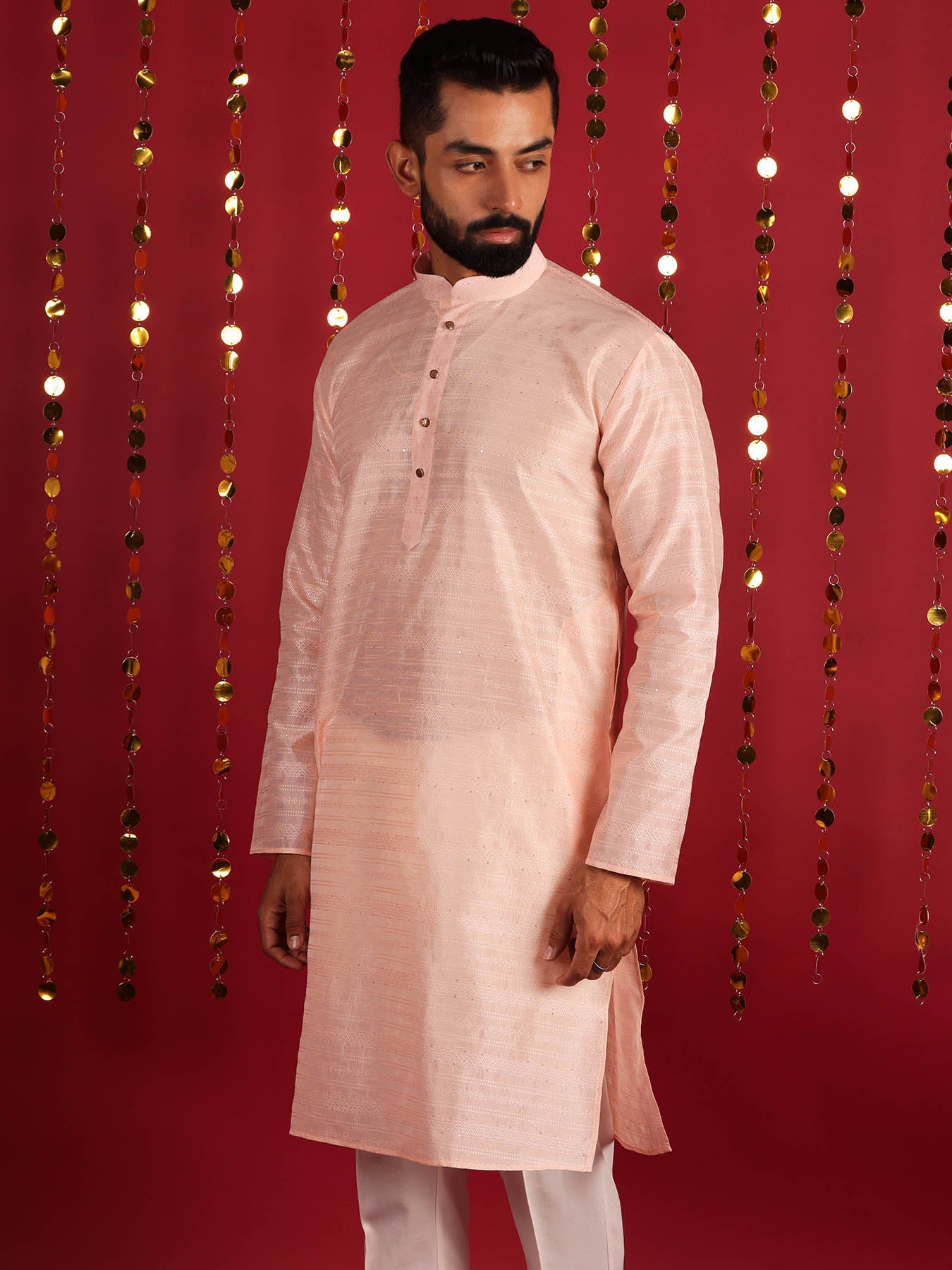 Men Light Peach Dupion Silk Mirror Work Straight Kurta