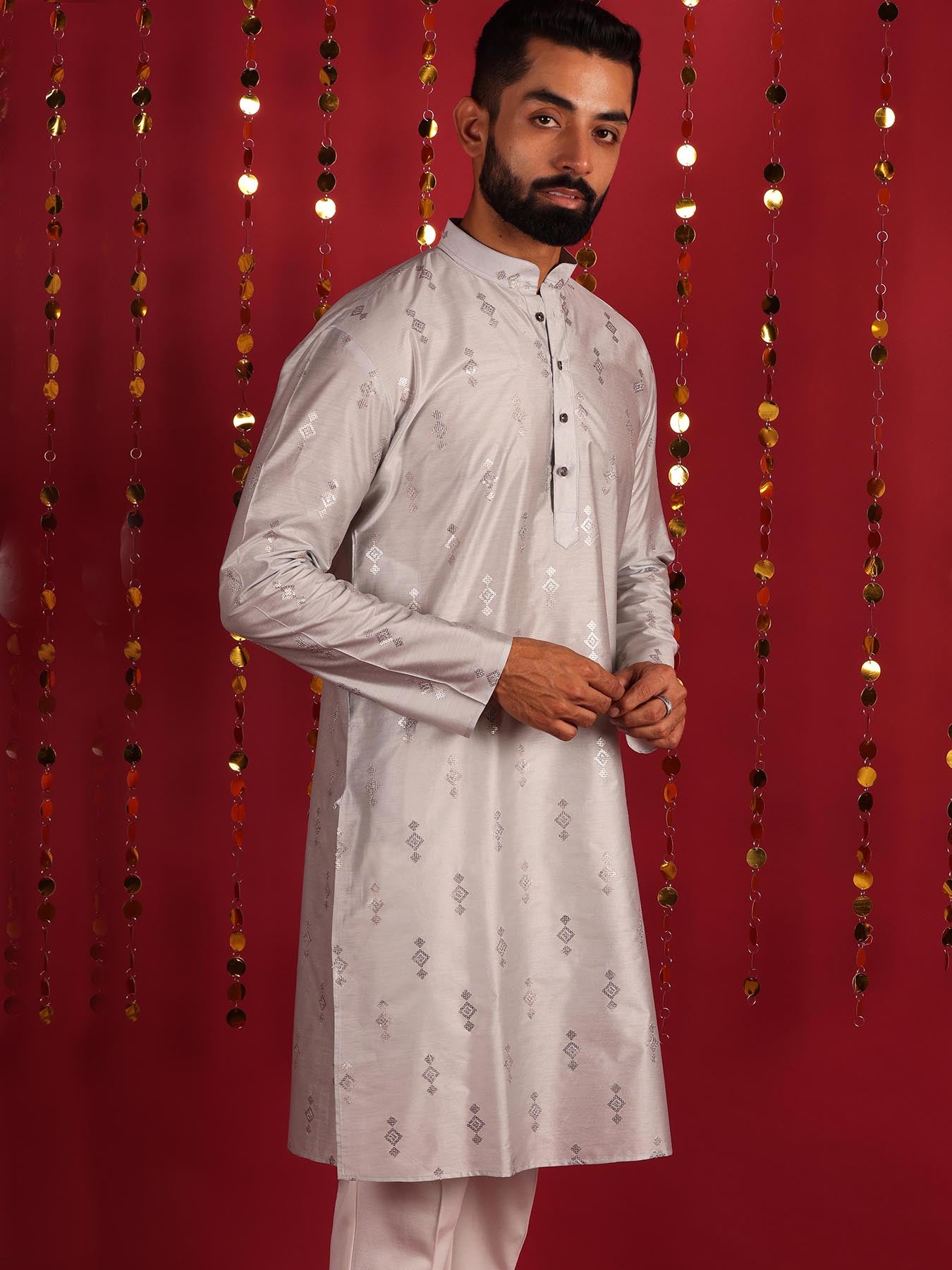 Men Ethnic Motifs Mirror Work Design Silk Cotton Kurta