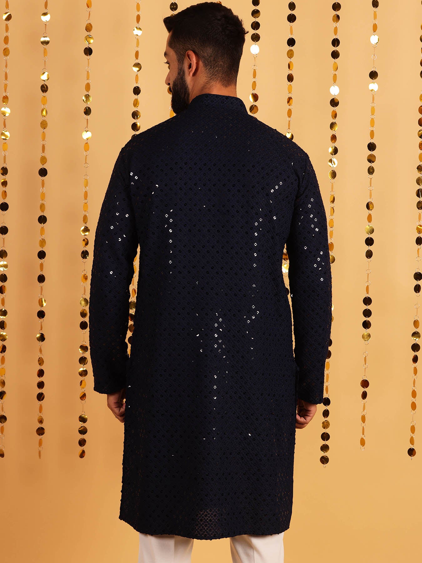 Classic Navy Blue Geometric Embroidered Cotton Kurta