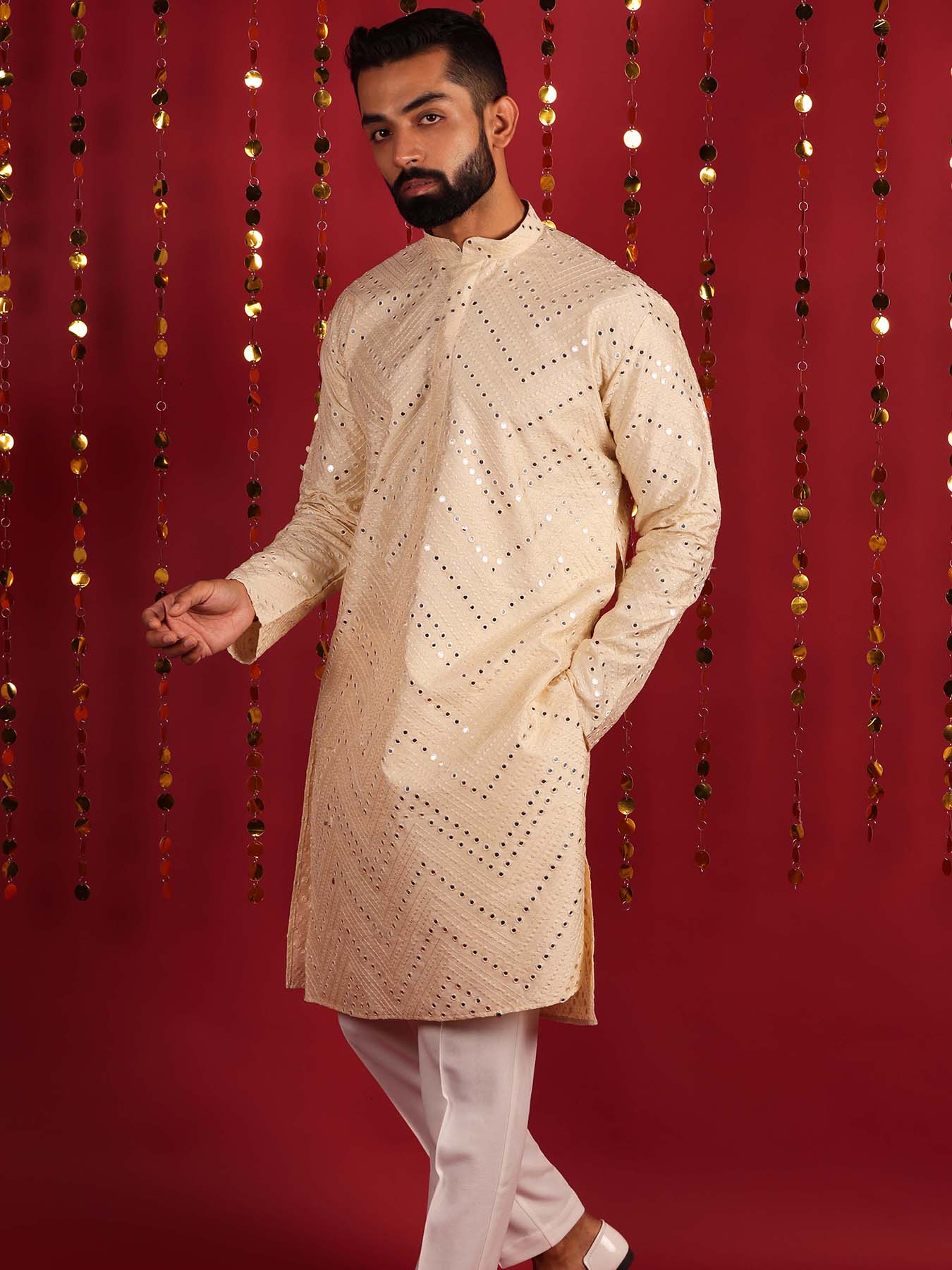 Men Ethnic Motifs Embroidered Mirror work Silk Kurta