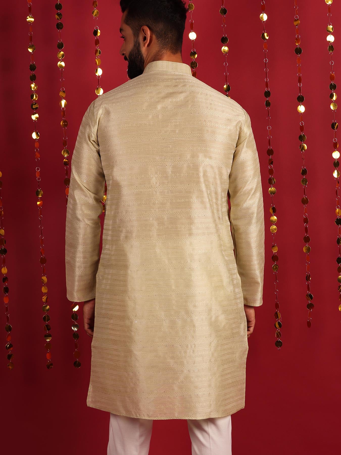 Beige Woven Design Mandarin Collar Silk Cotton Kurta