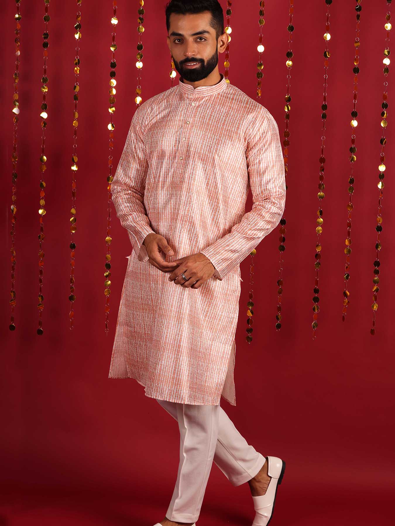 Woven Design Mandarin Collar Regular Silk Kurta