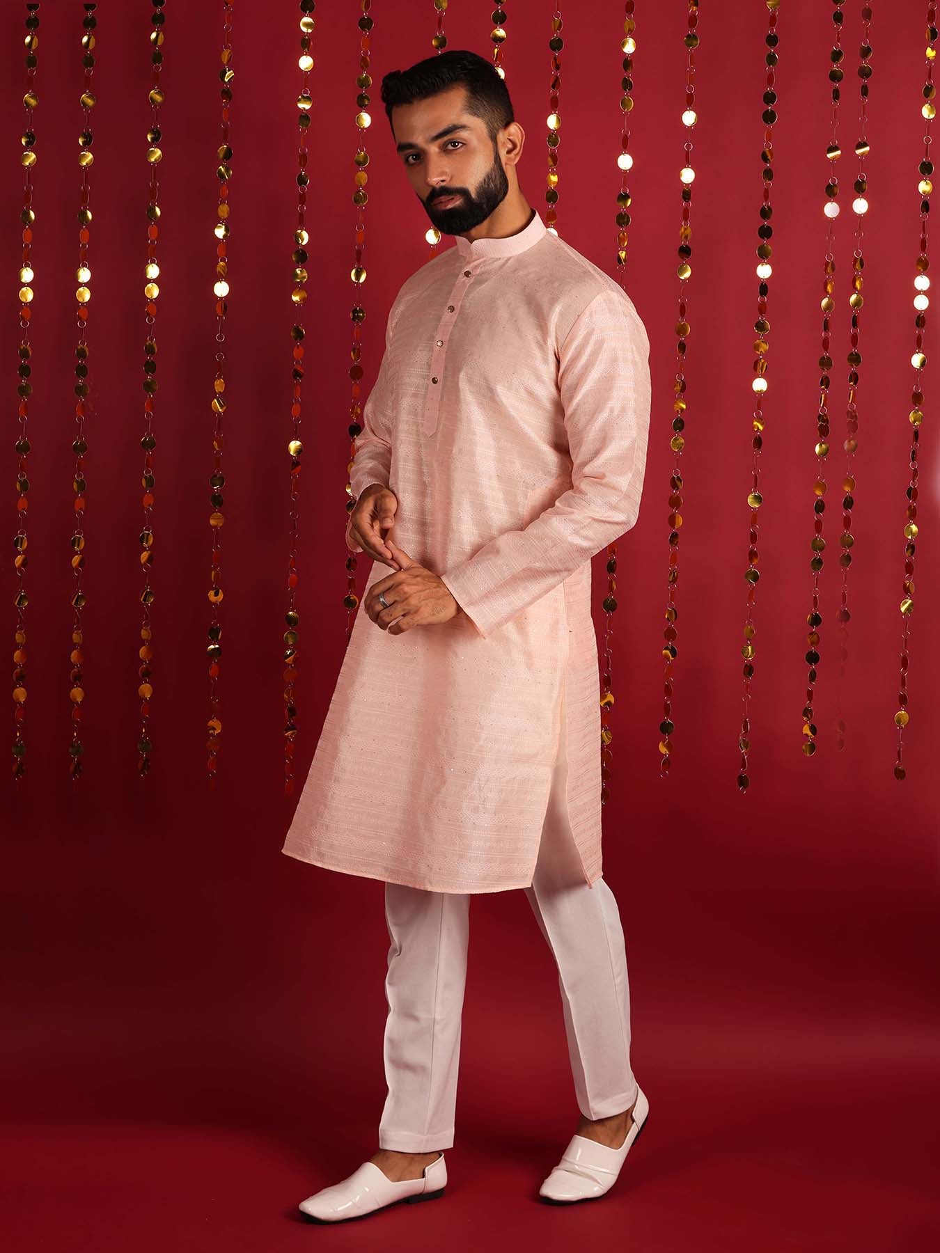 Men Light Peach Dupion Silk Mirror Work Straight Kurta