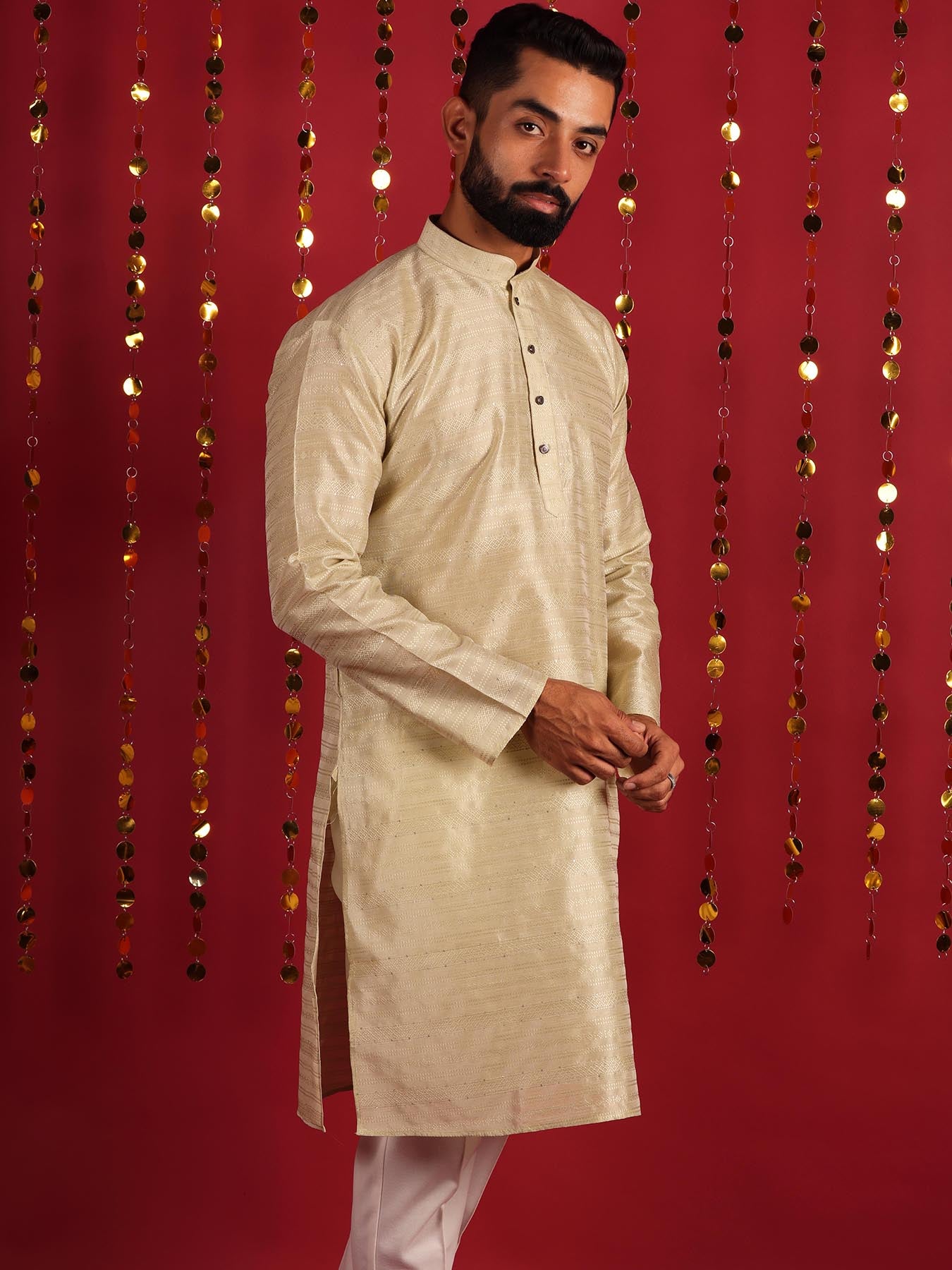 Beige Woven Design Mandarin Collar Silk Cotton Kurta