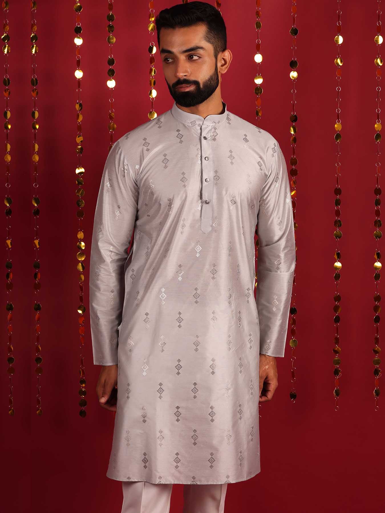 Men Ethnic Motifs Mirror Work Design Silk Cotton Kurta