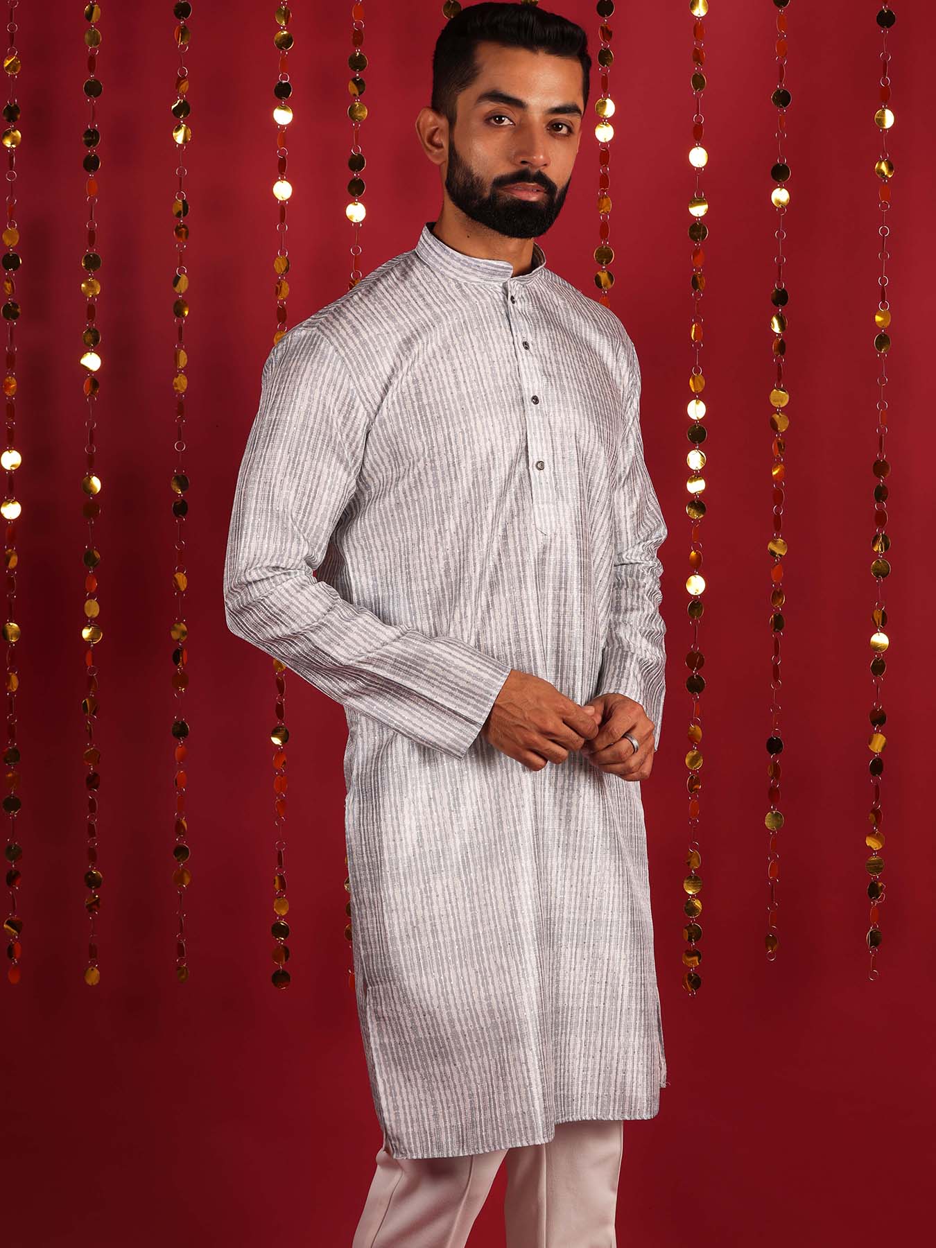 Men Grey Geometric Mirror Work Sillk Cotton Kurta