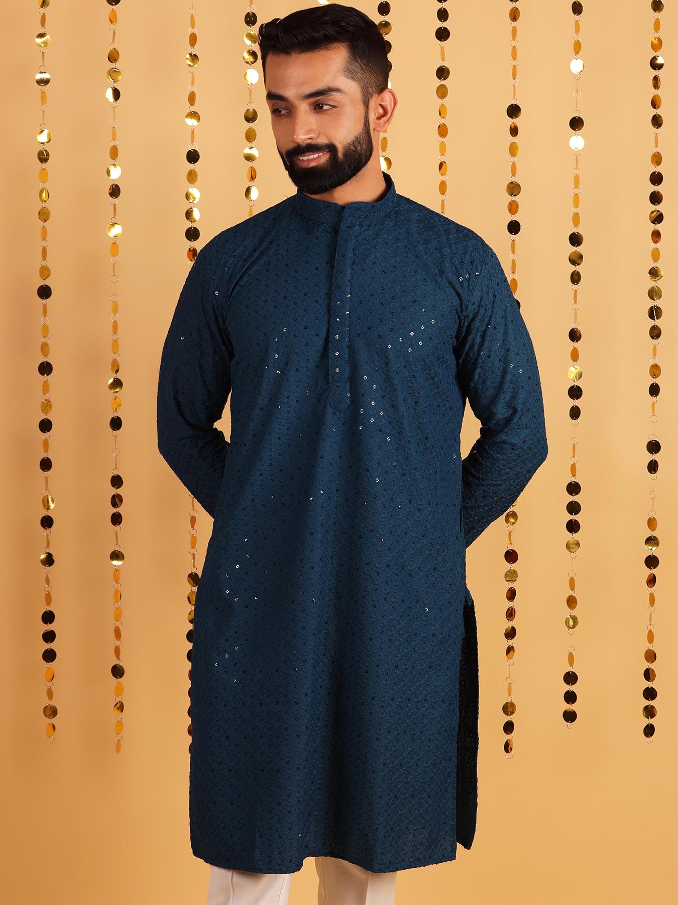 Men Teal Blue Ethnic Motif Embroidered Pure Cotton Kurta