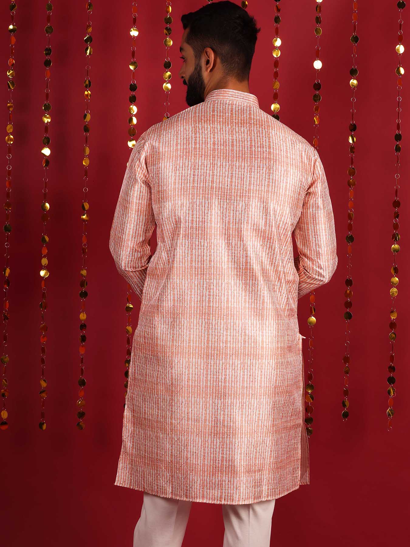 Woven Design Mandarin Collar Regular Silk Kurta