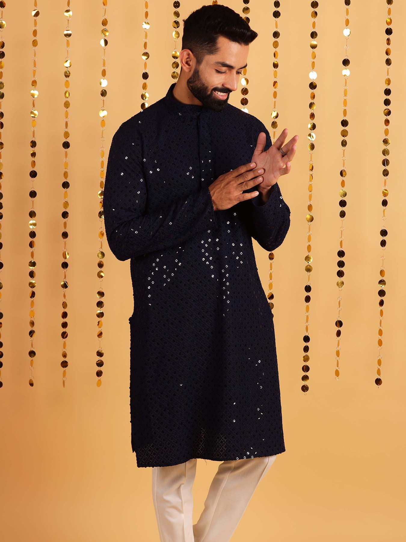 Classic Navy Blue Geometric Embroidered Cotton Kurta