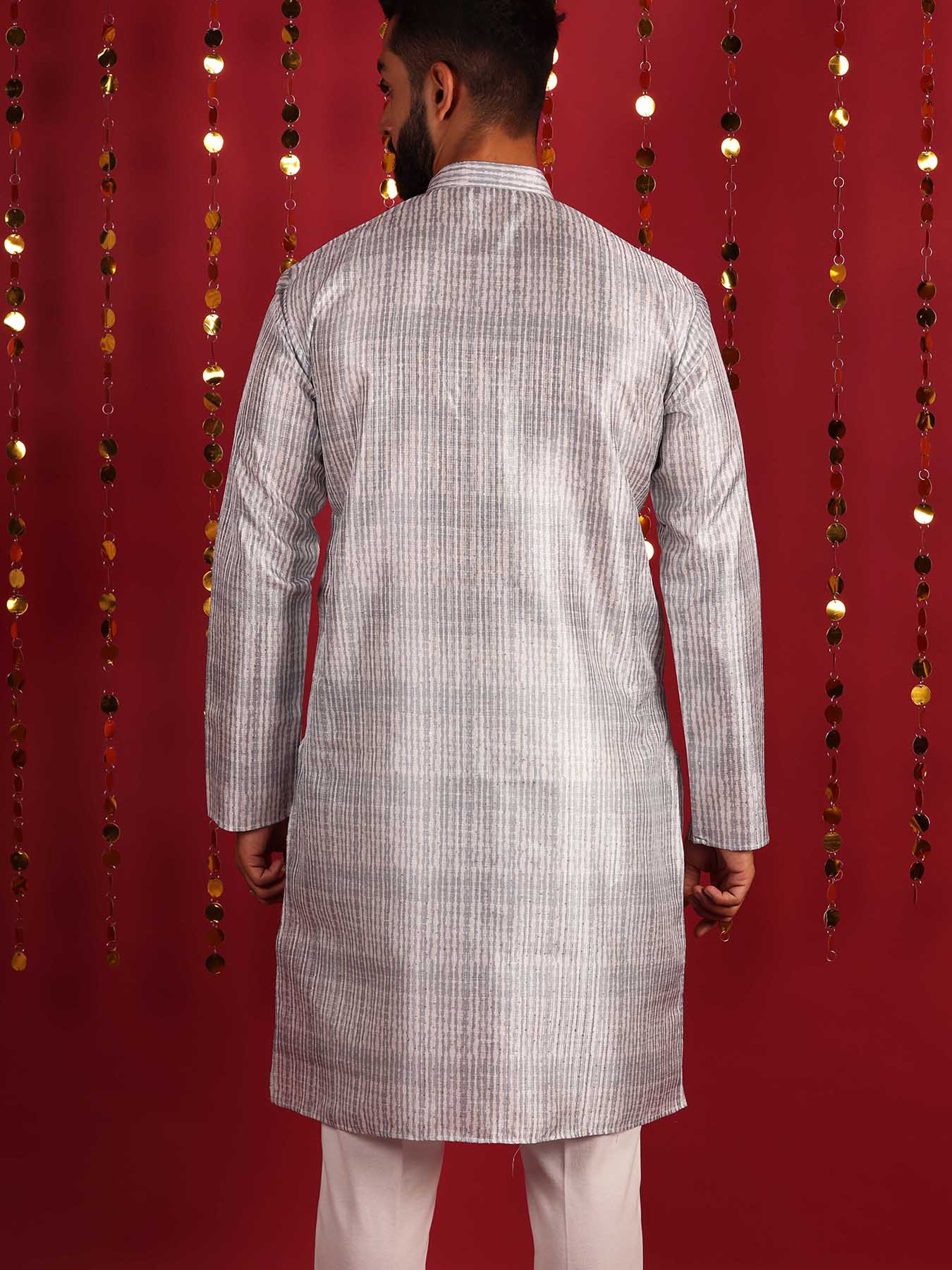 Men Grey Geometric Mirror Work Sillk Cotton Kurta