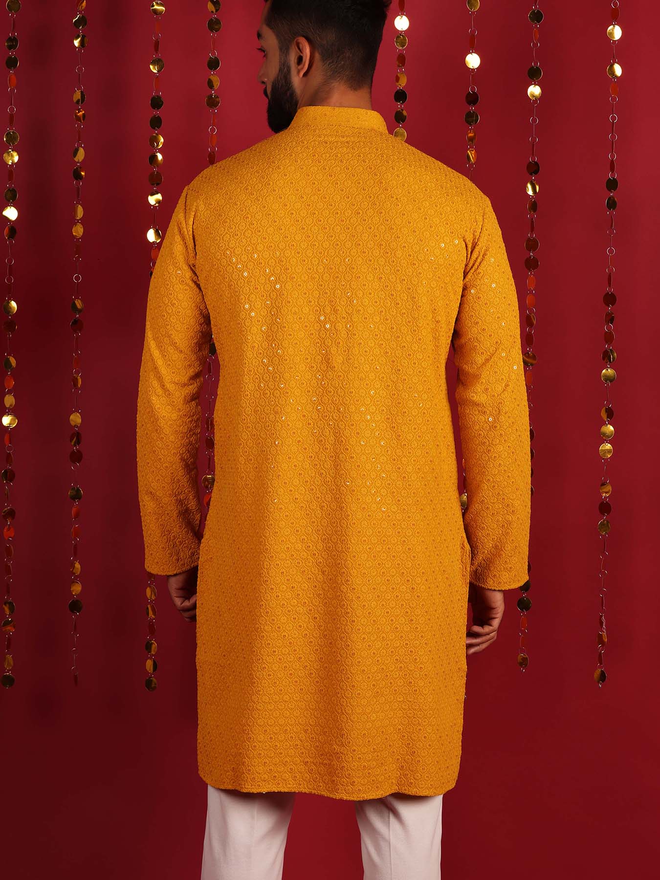 Men Mustard Long Sleeves Regular Cotton Kurtas