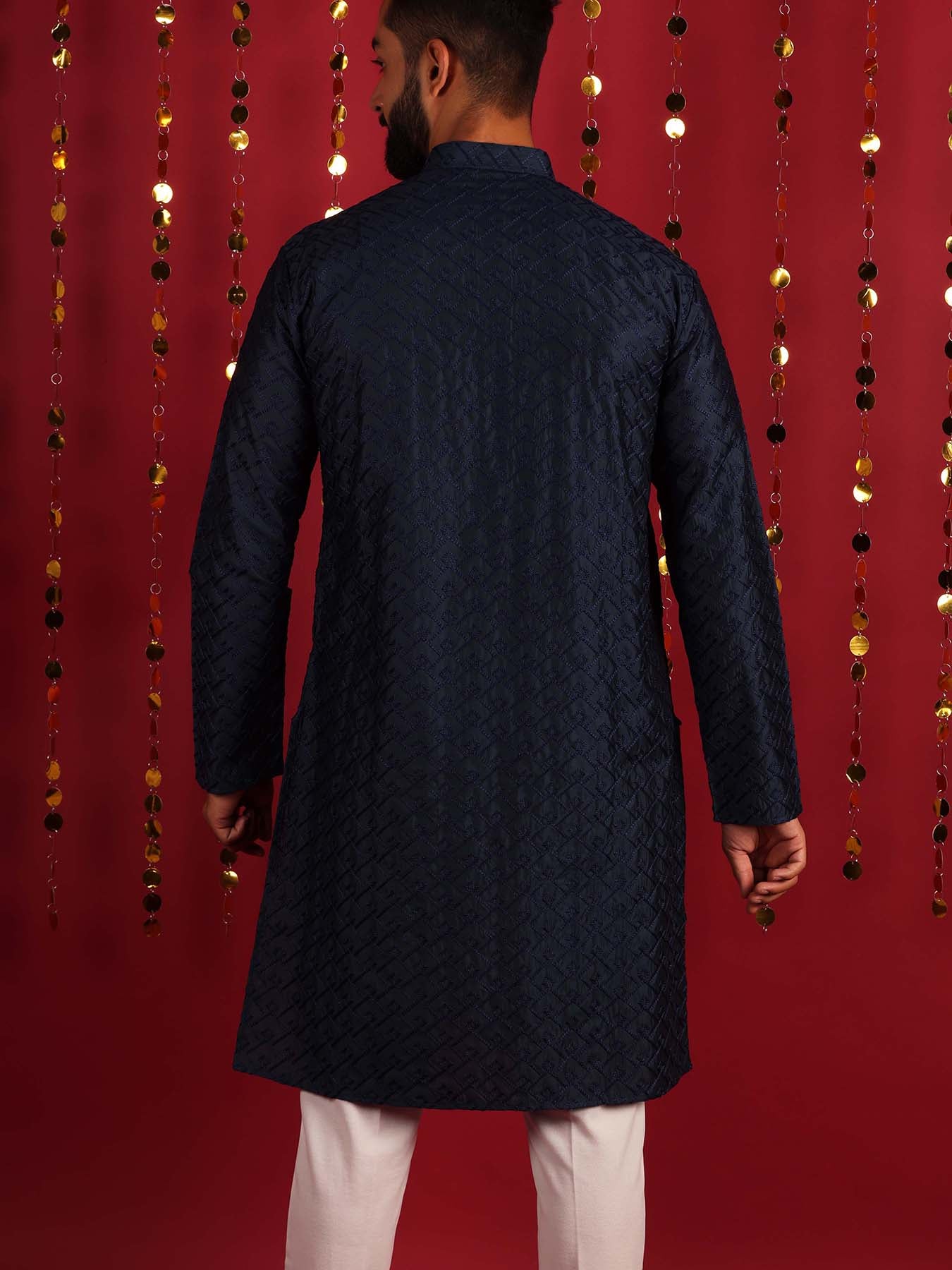 Navy Blue Motifs Thread Work Cotton Kurta