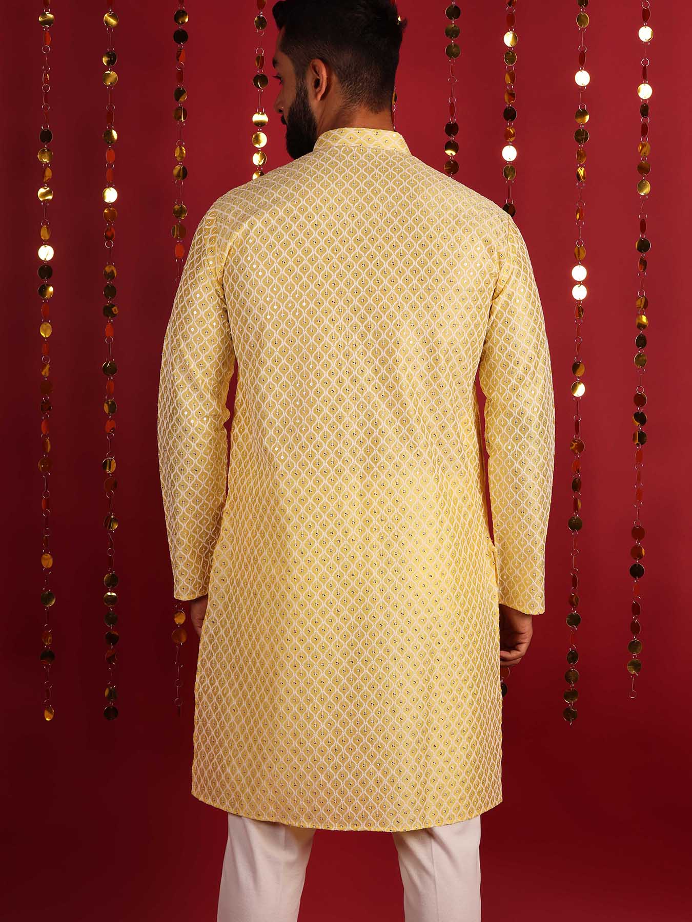 Yellow Ethnic Motifs Embroidered Mirror Work Cotton Kurta