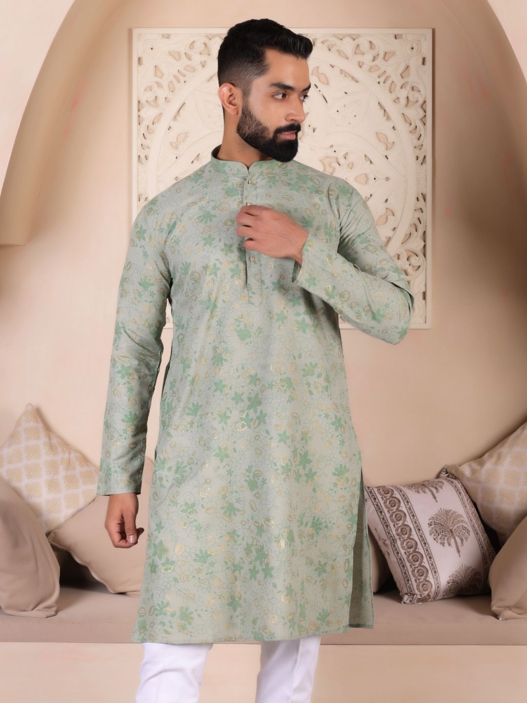 Men Green Floral Print Straight Kurta For Men