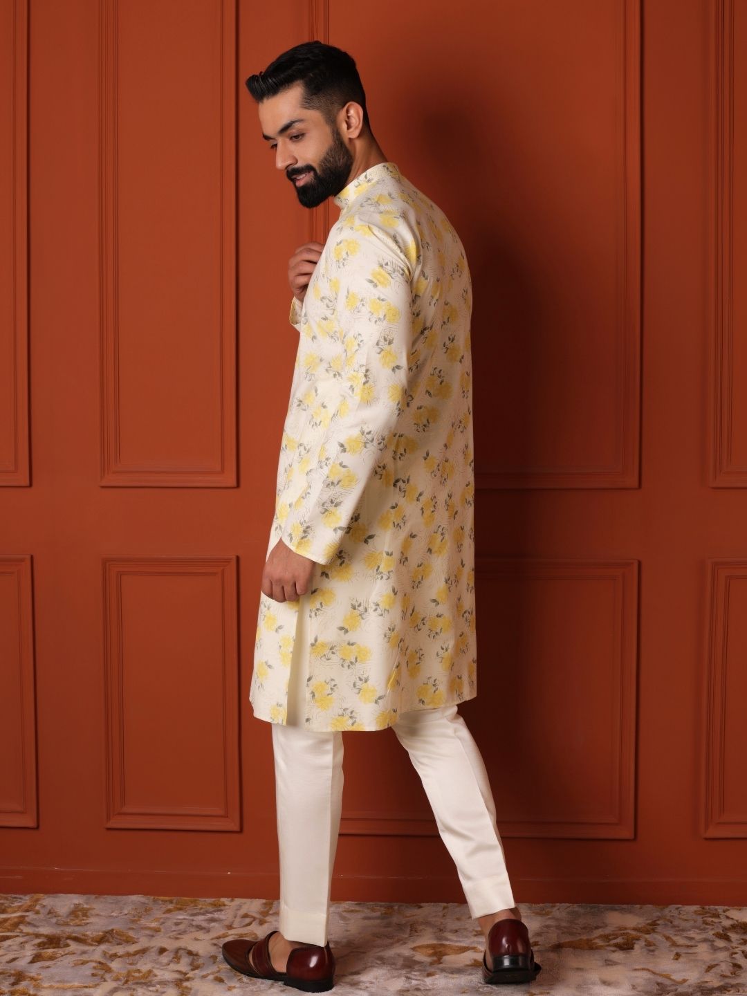 White Floral Printed Cotton Straight Kurta