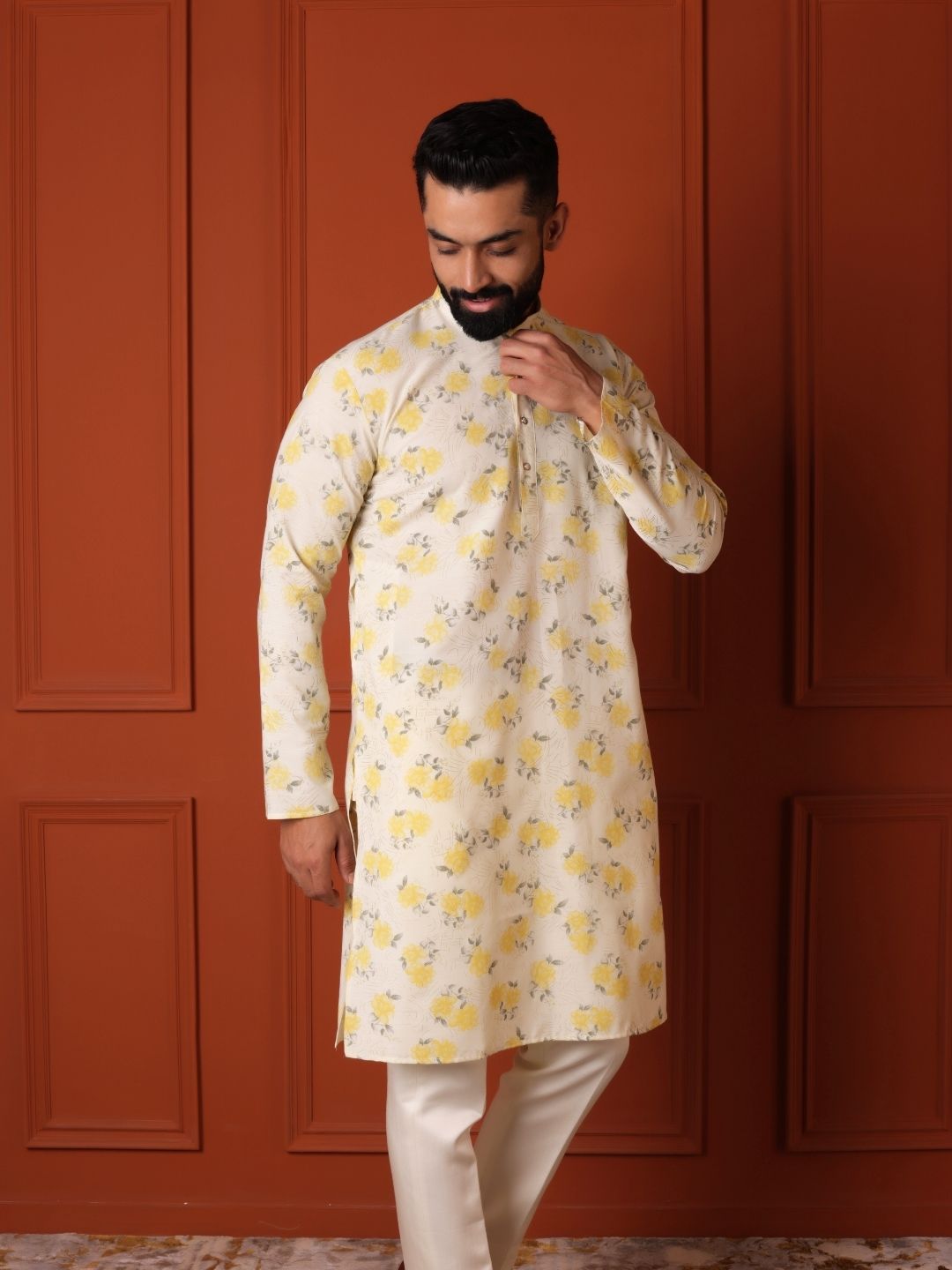 White Floral Printed Cotton Straight Kurta