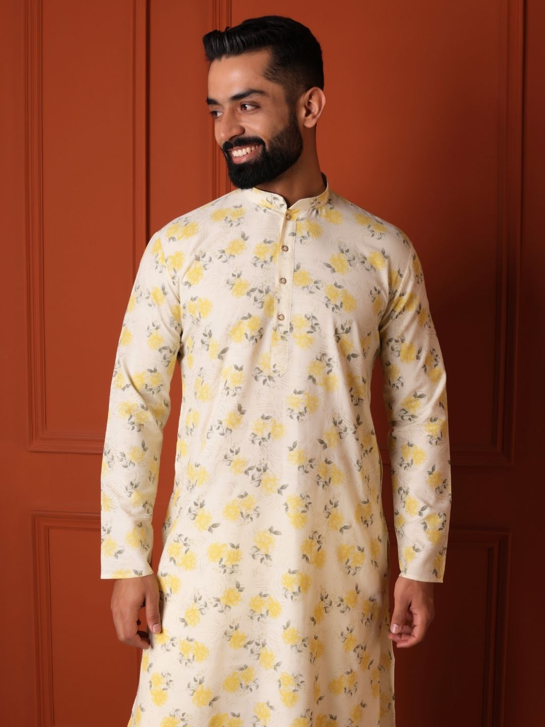 White Floral Printed Cotton Straight Kurta