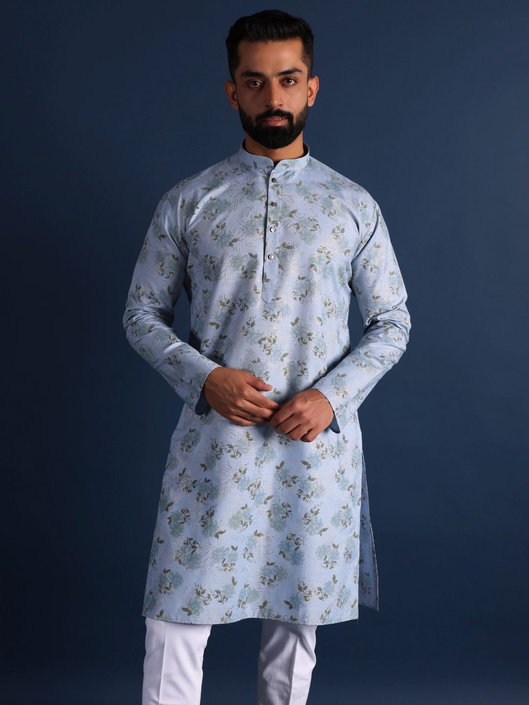 Floral Printed Mandarin Collar Cotton Straight Kurta