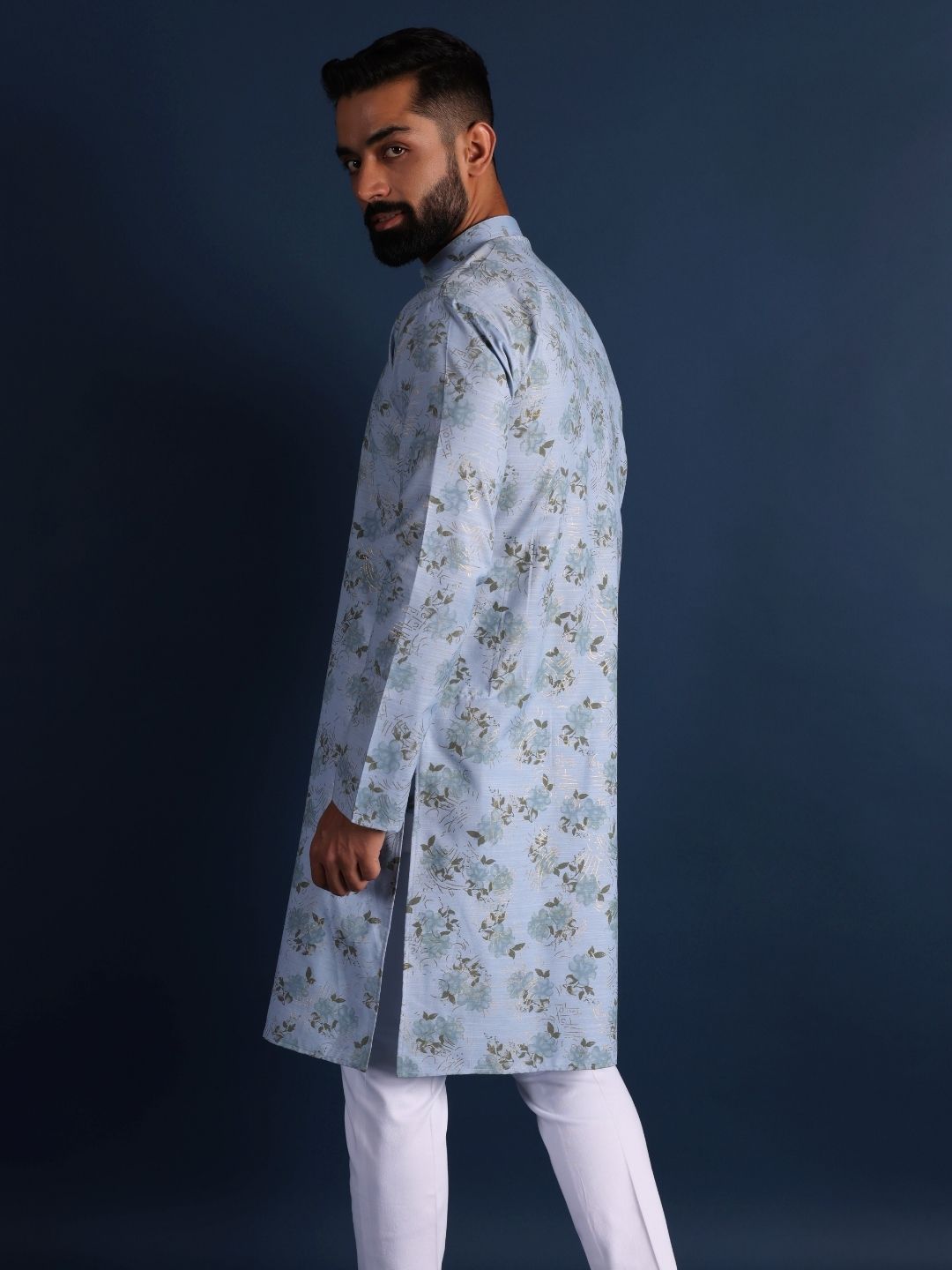 Floral Printed Mandarin Collar Cotton Straight Kurta