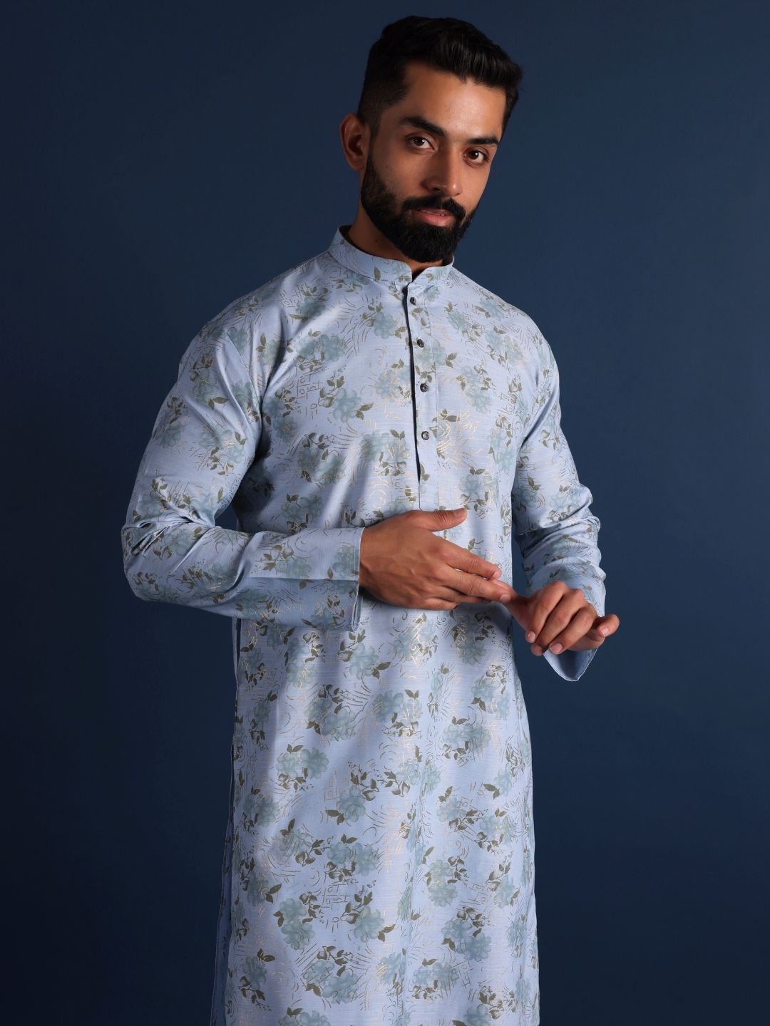 Floral Printed Mandarin Collar Cotton Straight Kurta