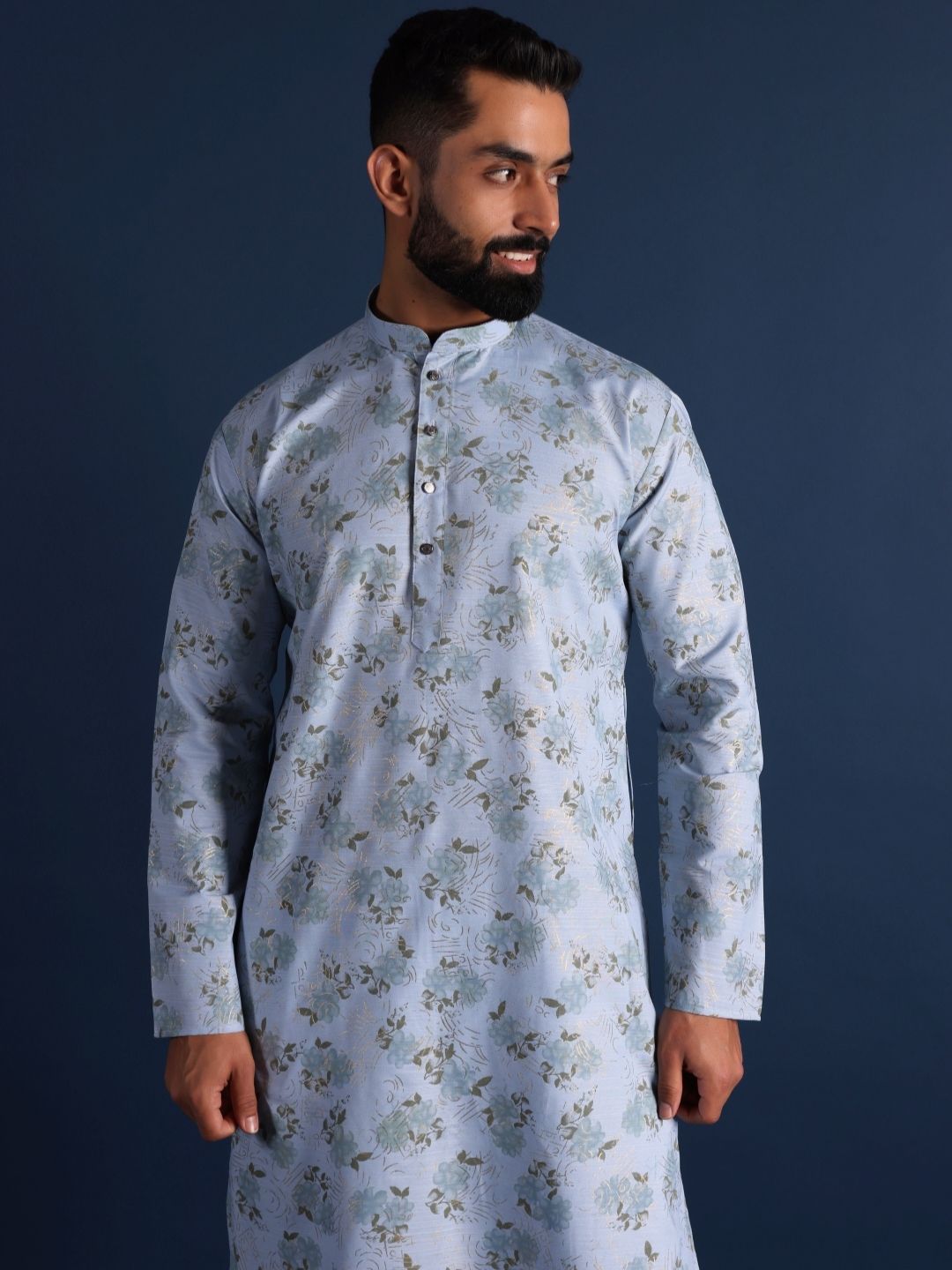 Floral Printed Mandarin Collar Cotton Straight Kurta