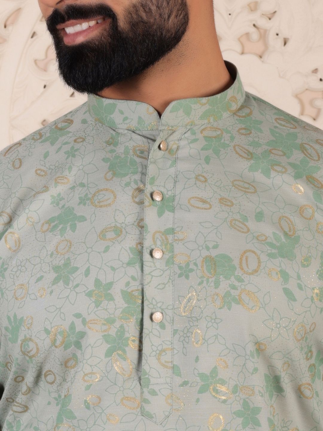 Men Green Floral Print Straight Kurta For Men