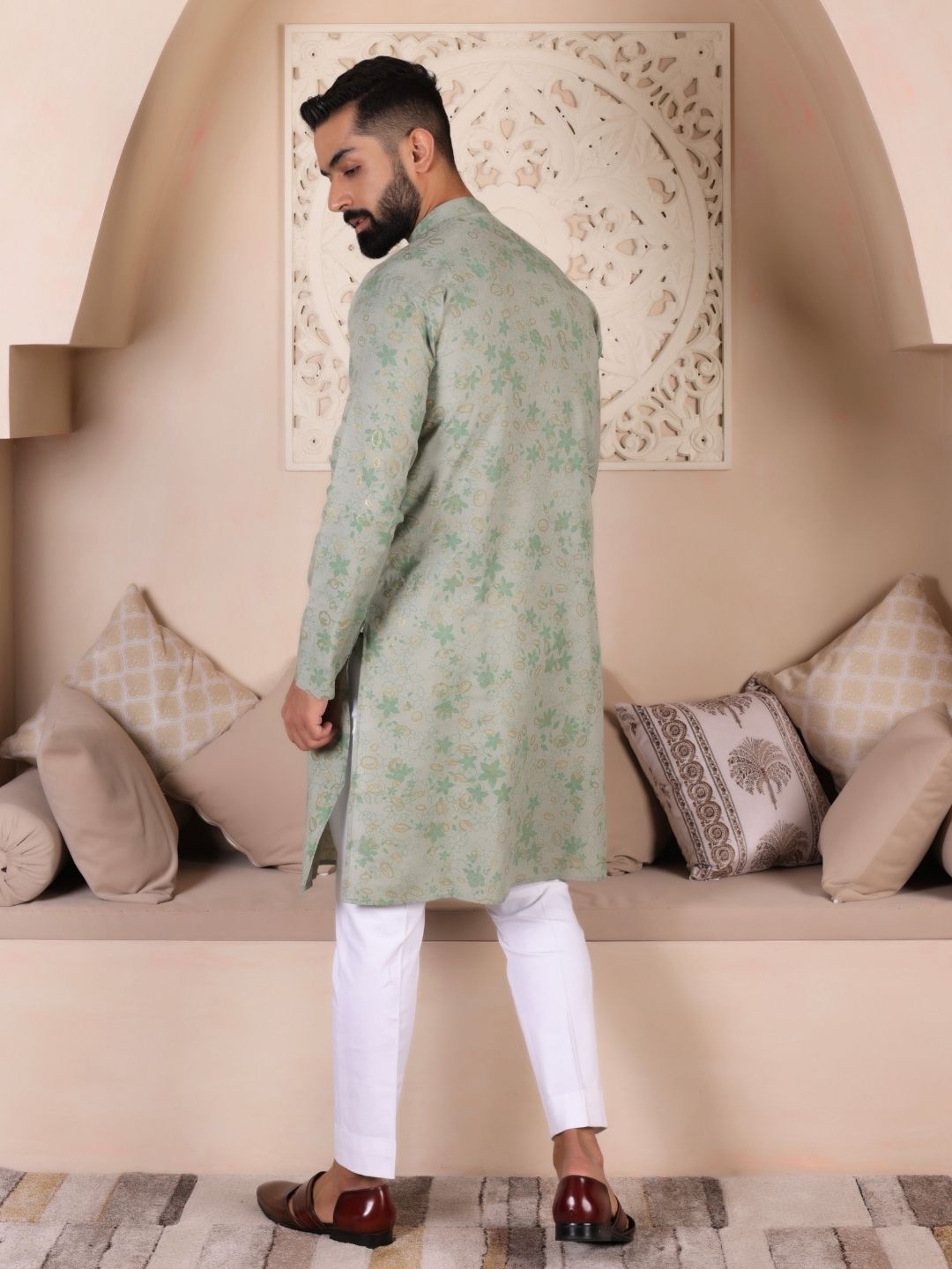 Men Green Floral Print Straight Kurta For Men