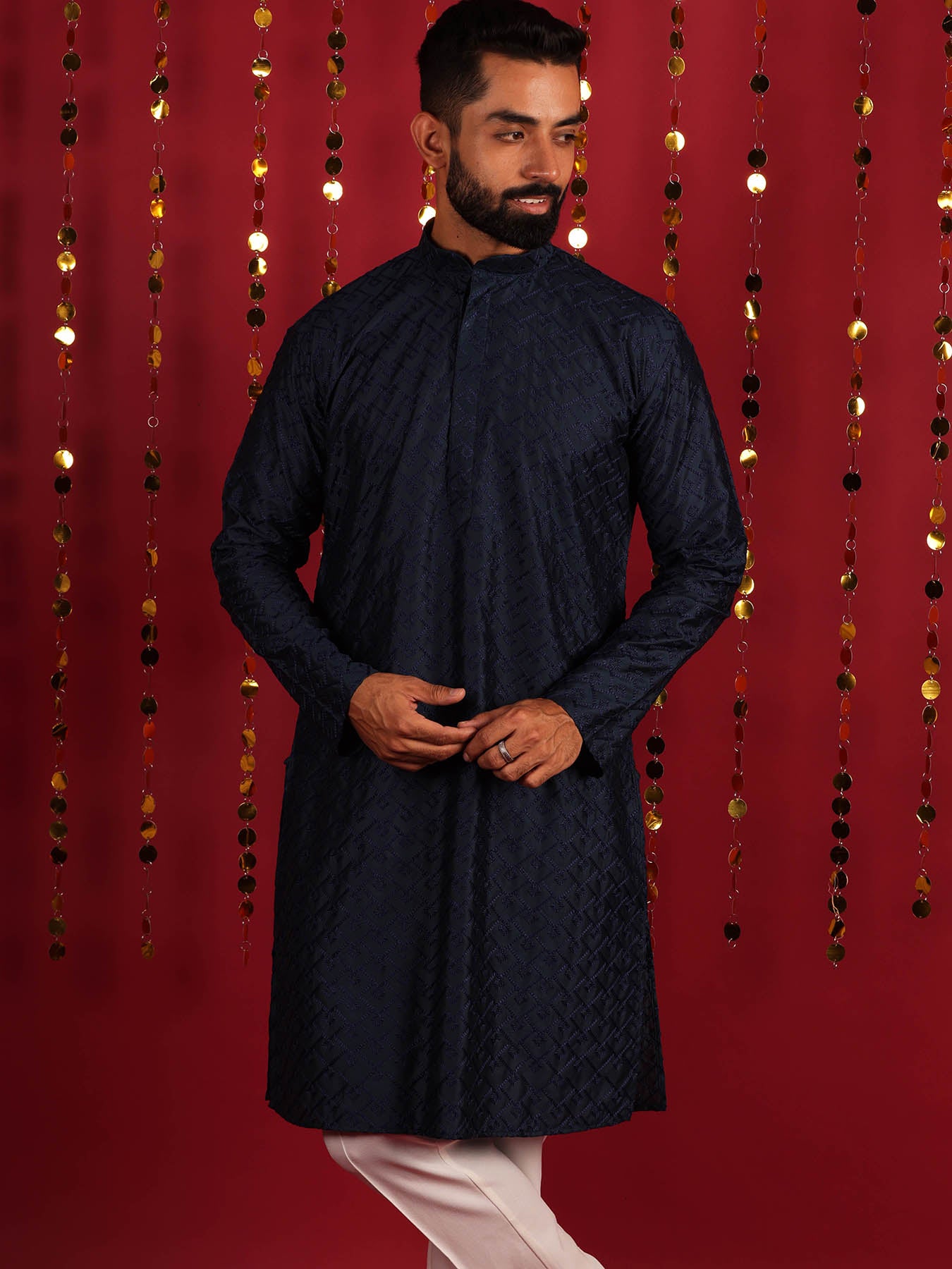 Navy Blue Motifs Thread Work Cotton Kurta