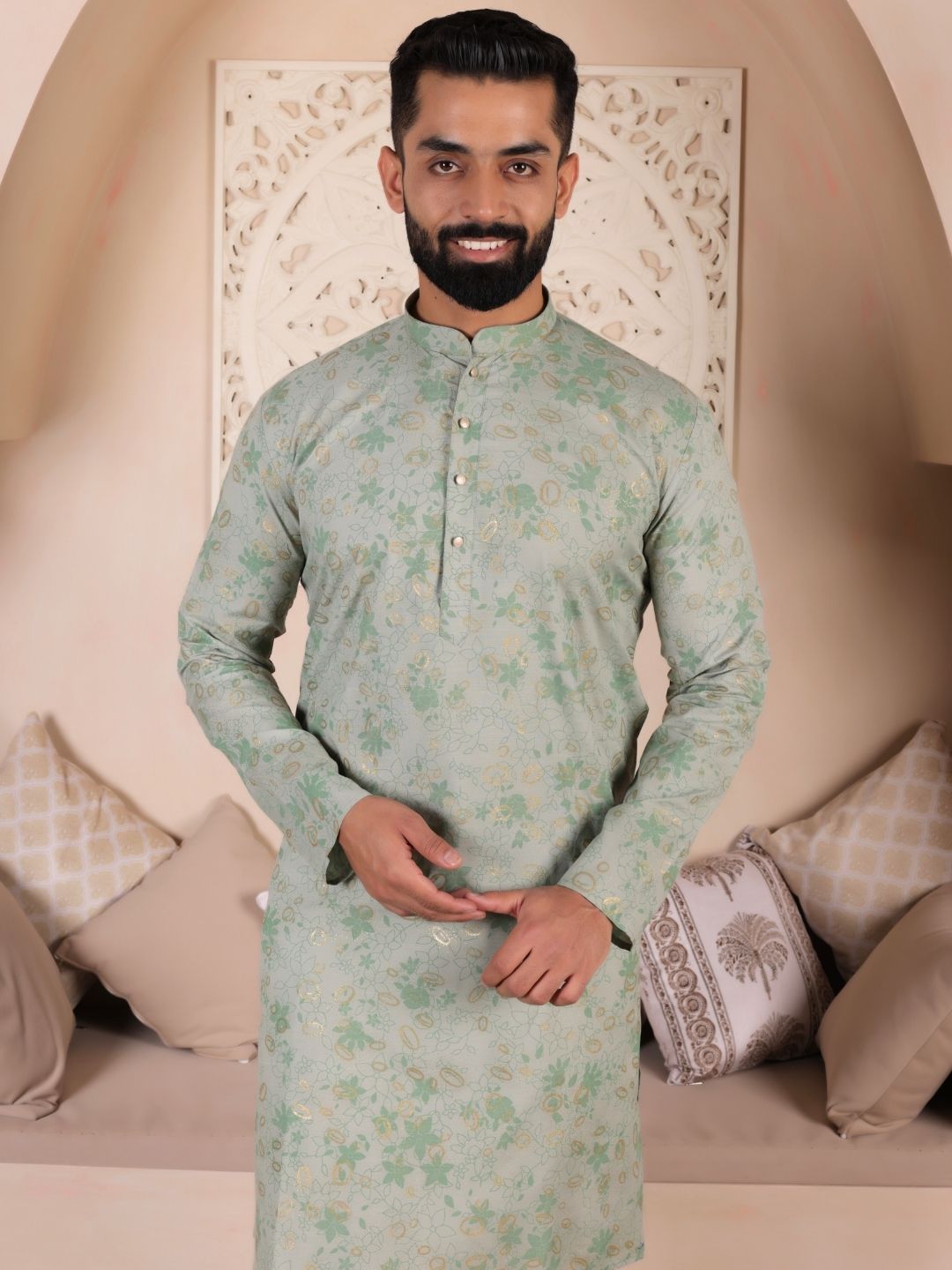 Men Green Floral Print Straight Kurta For Men