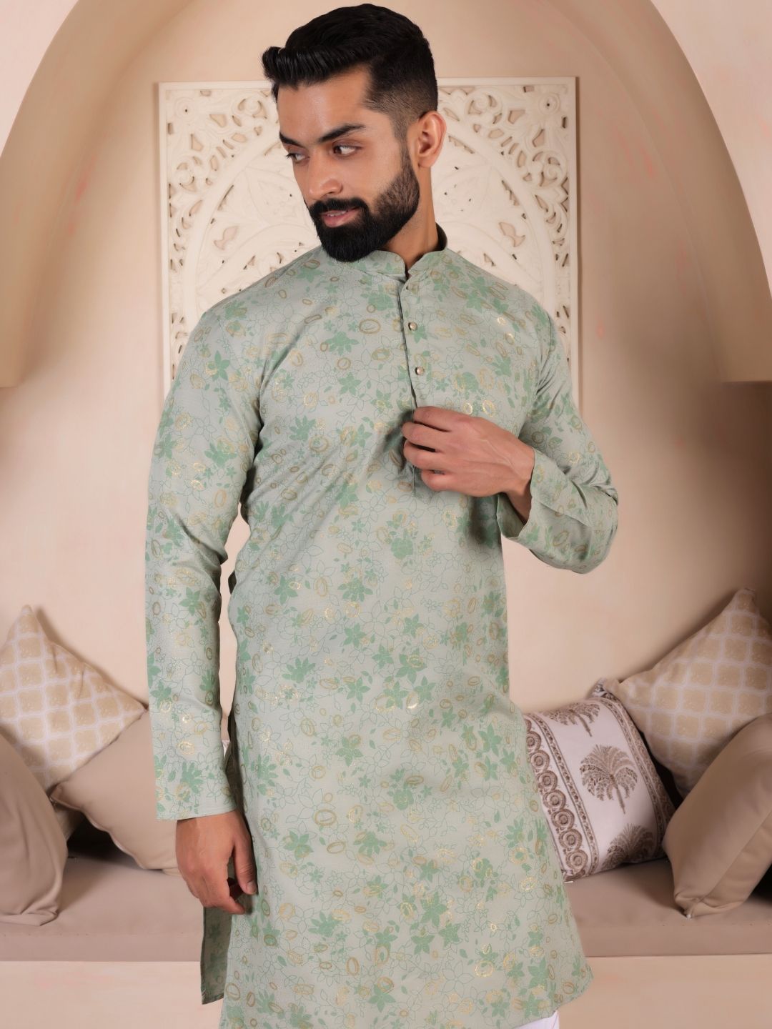 Men Green Floral Print Straight Kurta For Men