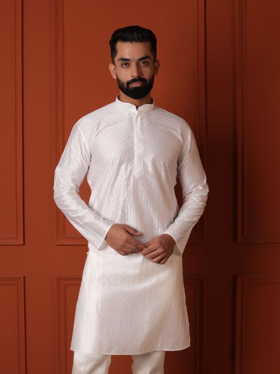 Geometric Embroidered Sequinned White Romance Mandarin Collar Straight Kurta