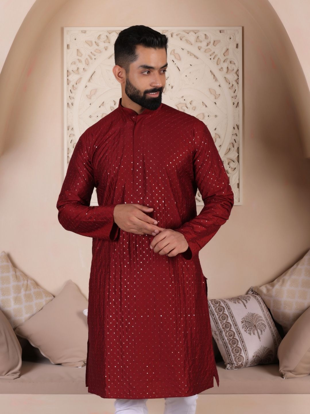 Geometric Embroidered Sequinned Straight Kurta