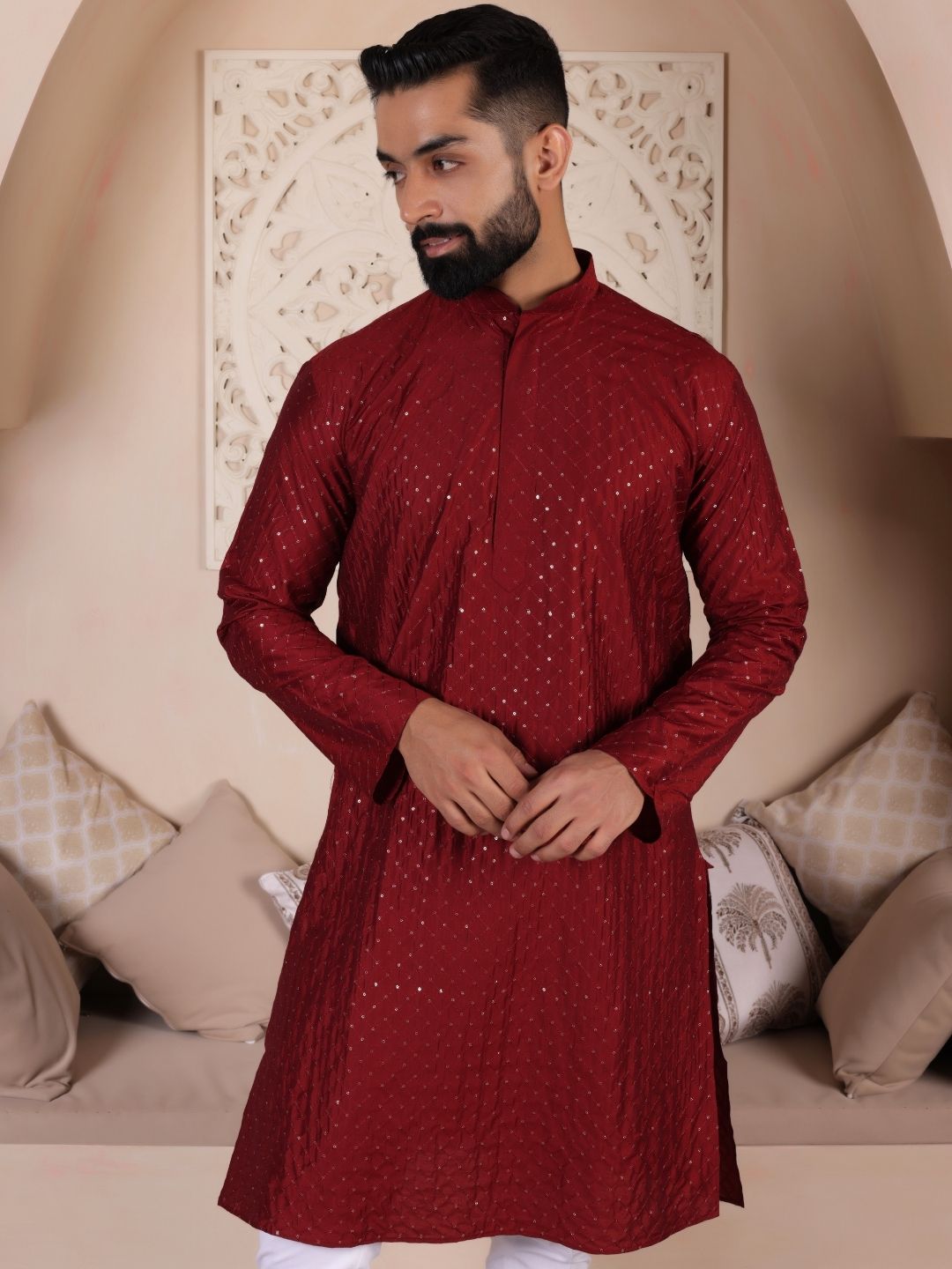 Geometric Embroidered Sequinned Straight Kurta