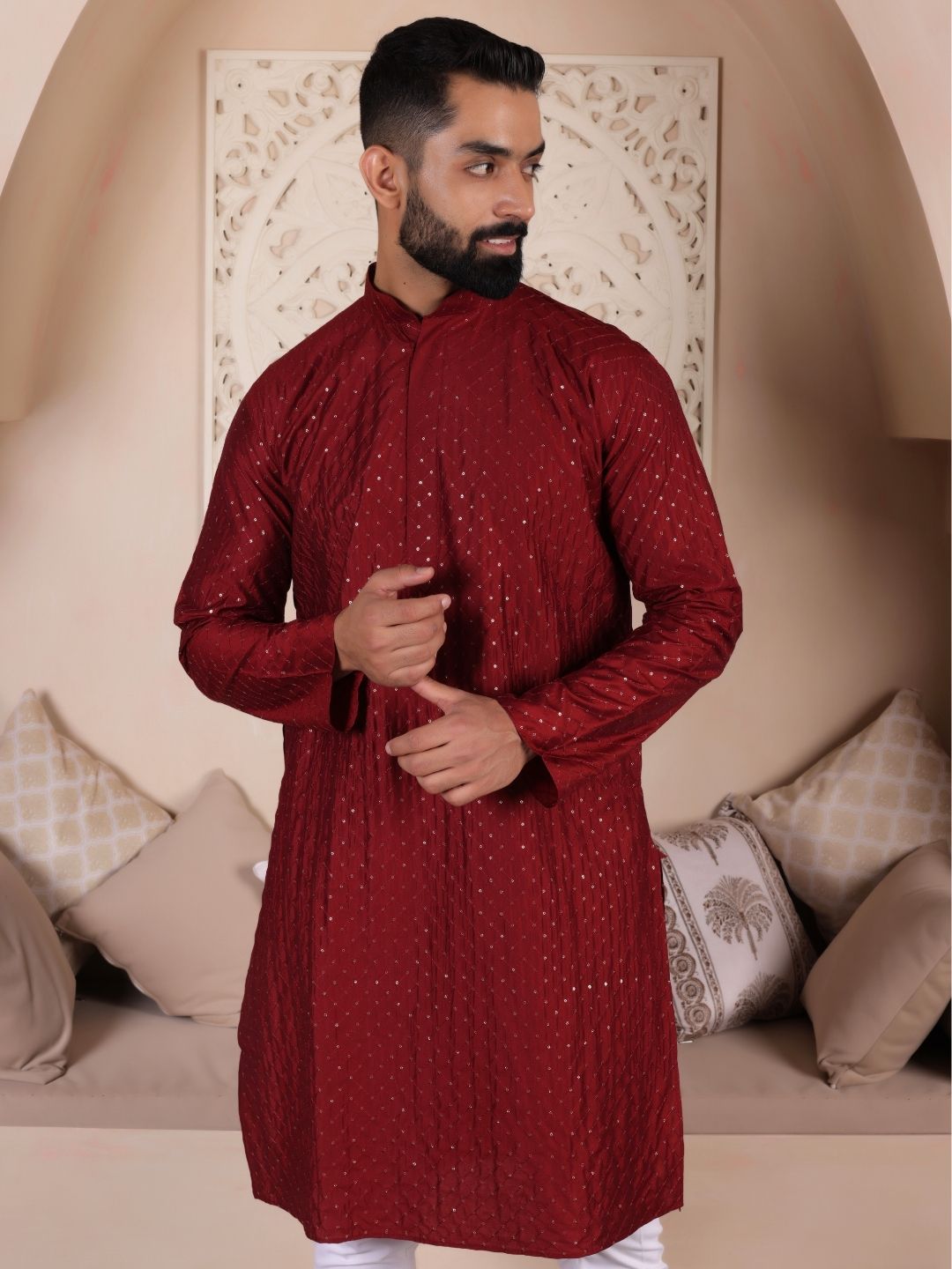 Geometric Embroidered Sequinned Straight Kurta