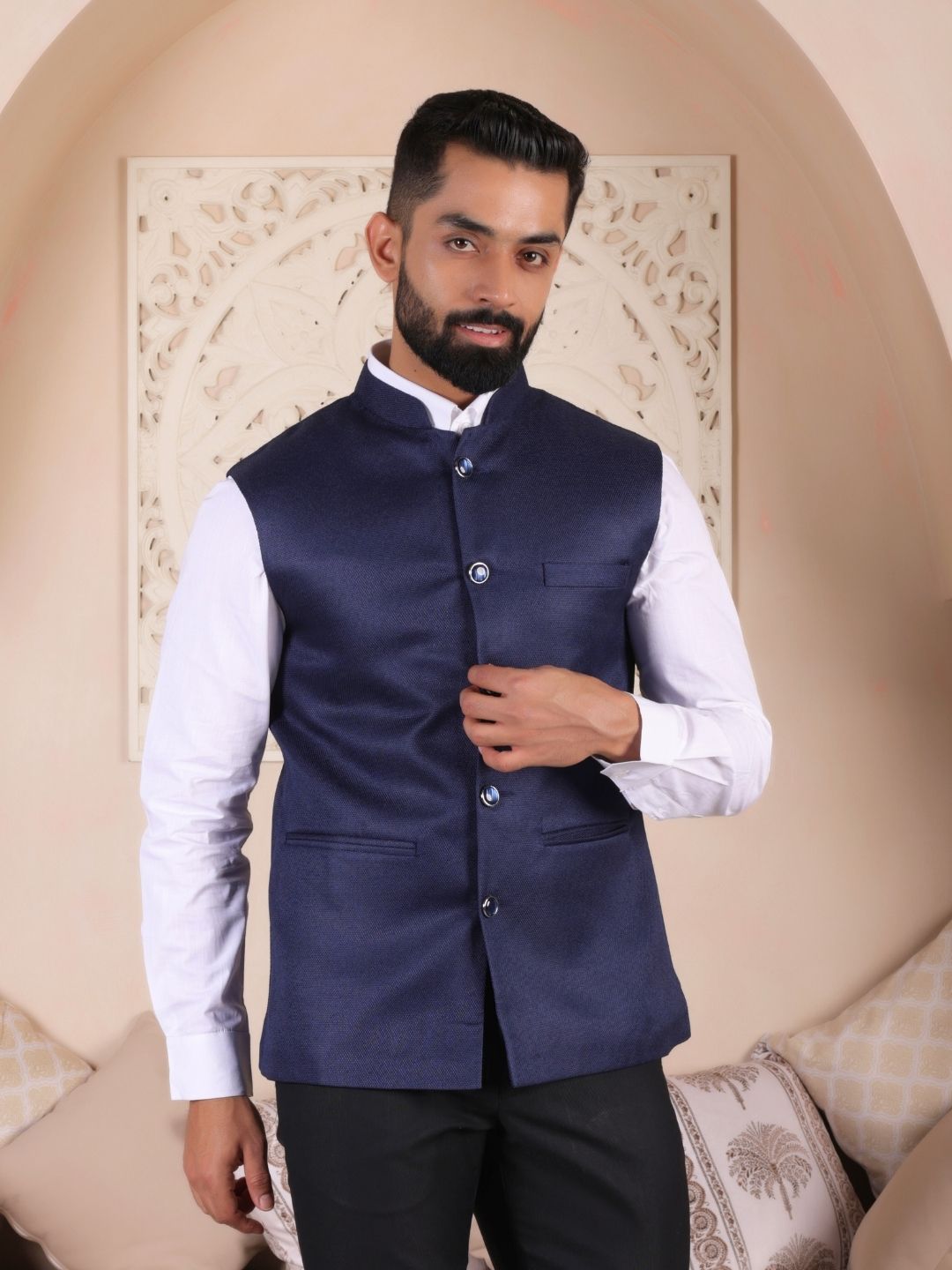 Blue Woven Ethnic Nehru Jacket