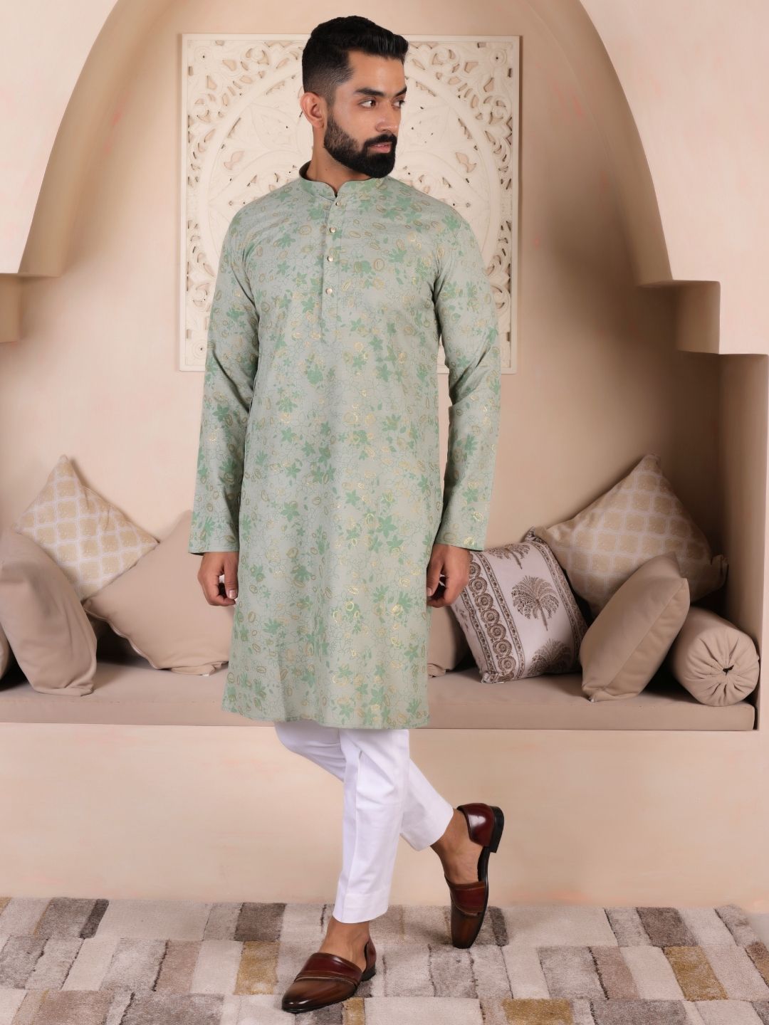 Men Green Floral Print Straight Kurta For Men