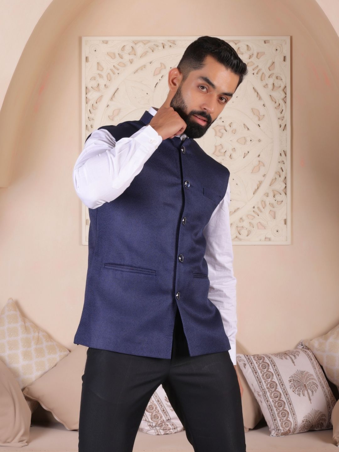 Blue Woven Ethnic Nehru Jacket