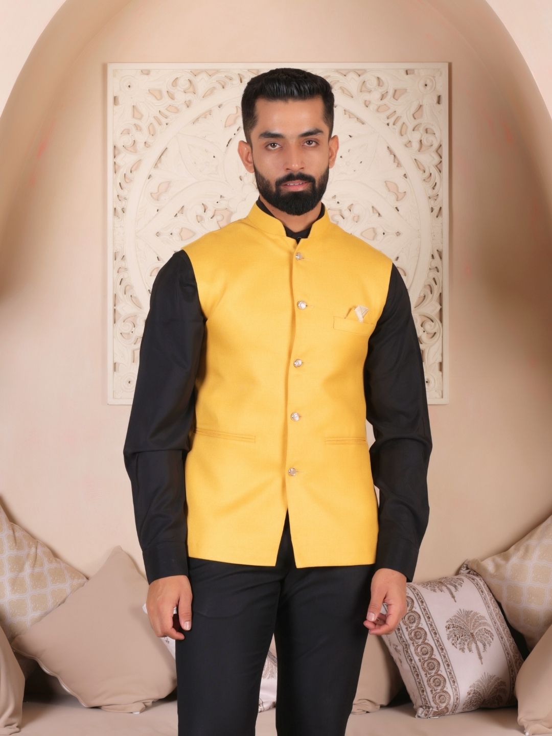 Yellow Solid Woven Ethnic Nehru Jacket