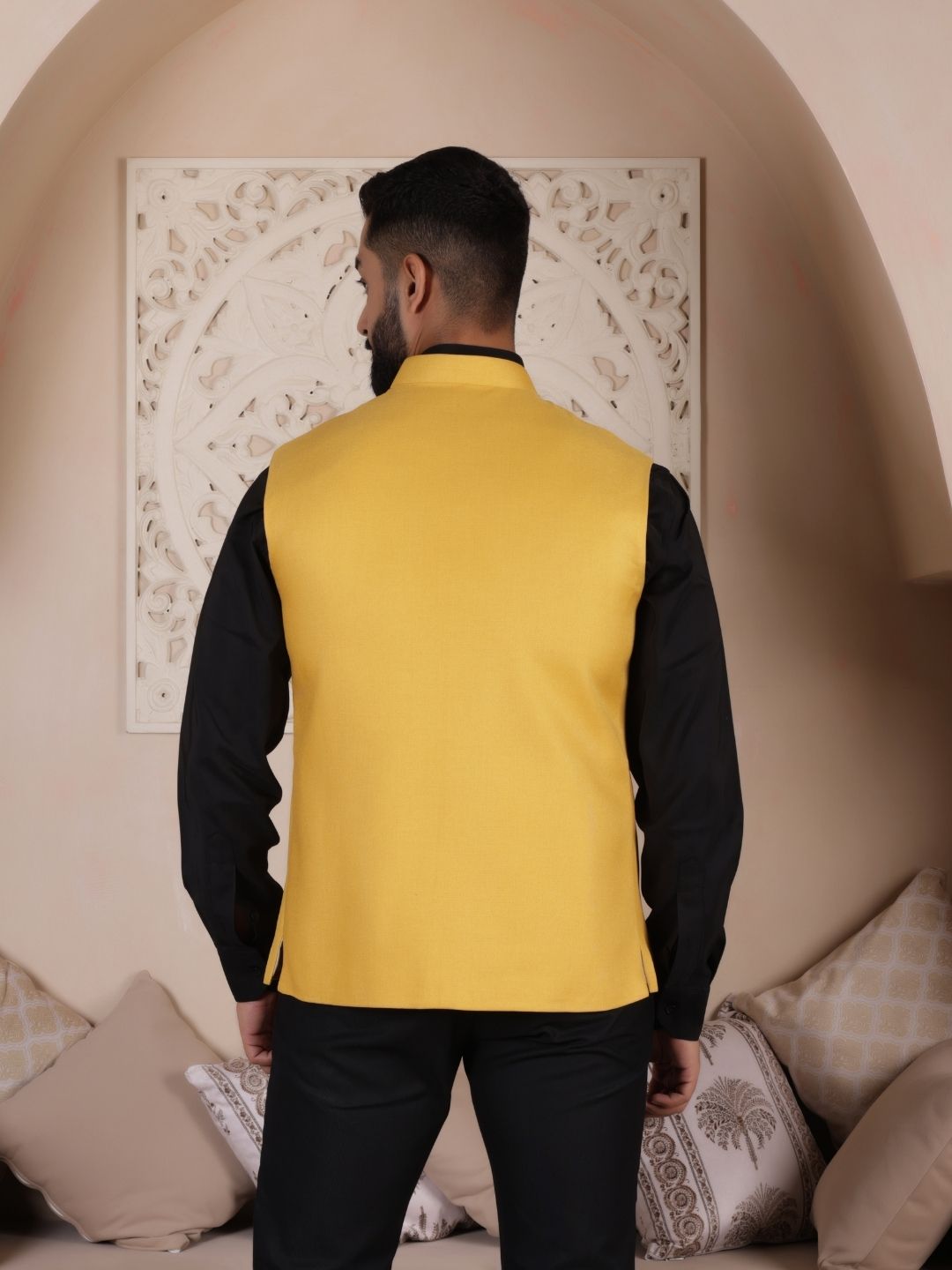 Yellow Solid Woven Ethnic Nehru Jacket