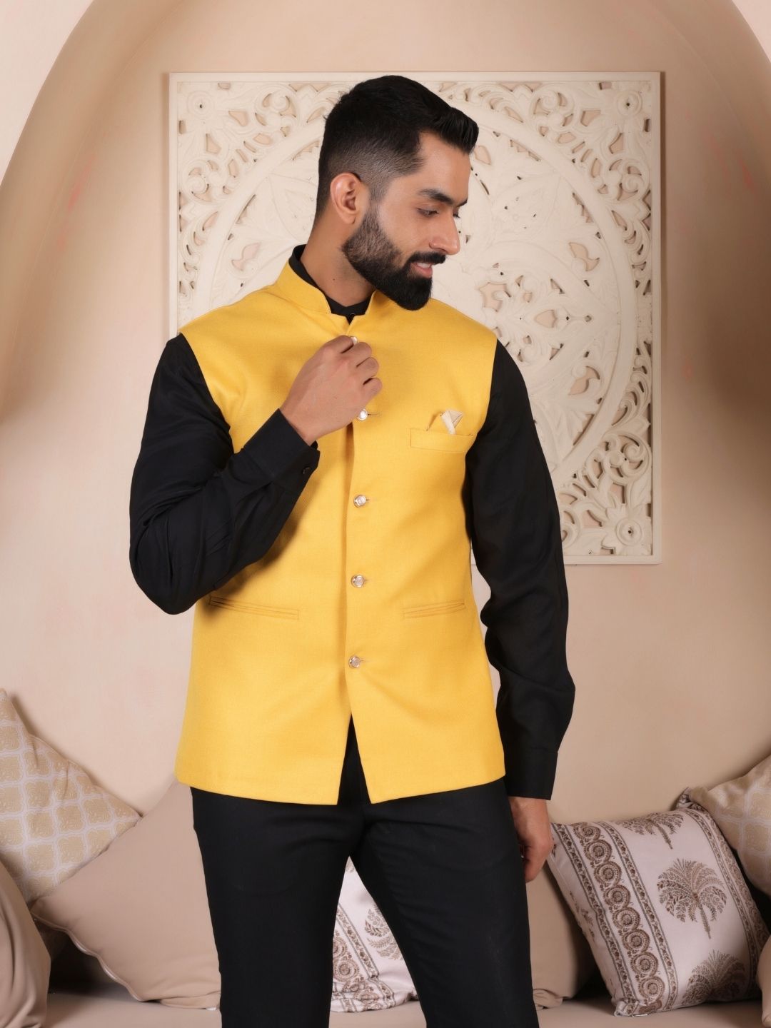 Yellow Solid Woven Ethnic Nehru Jacket