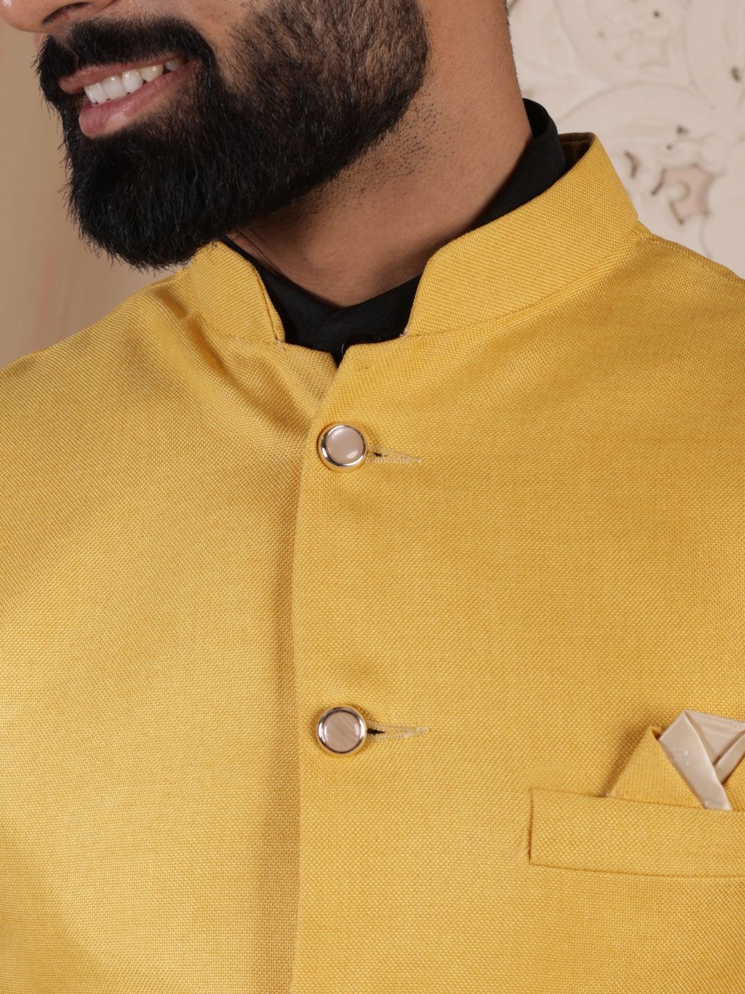 Yellow Solid Woven Ethnic Nehru Jacket