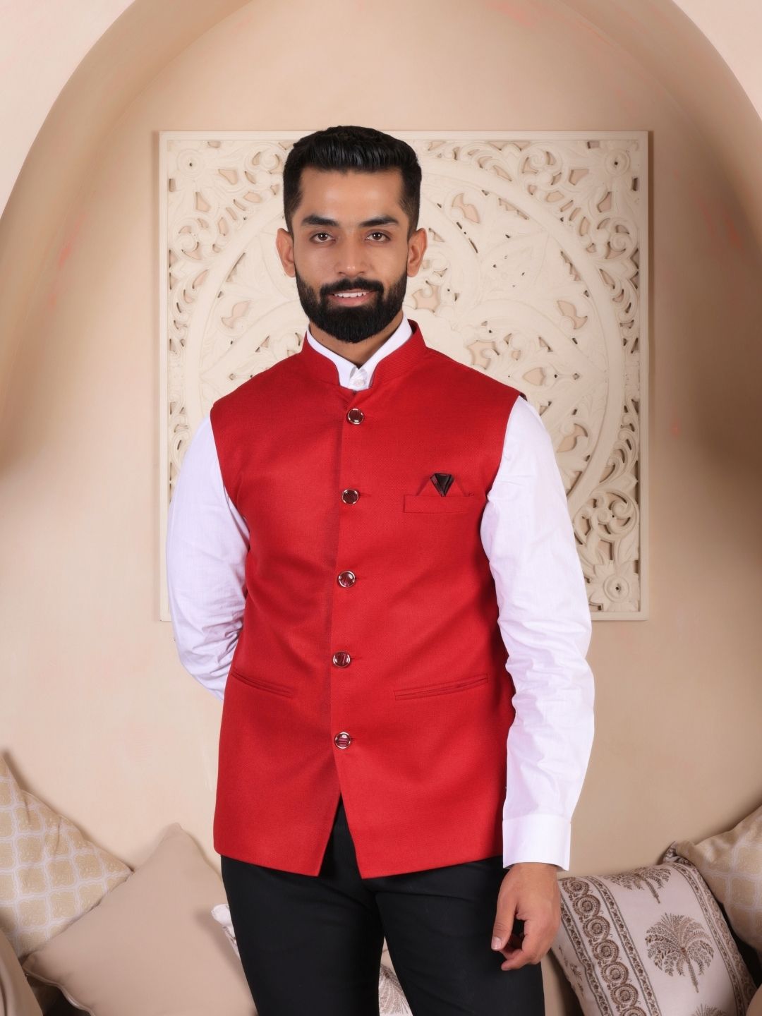 Red Solid Woven Design Nehru Jackets