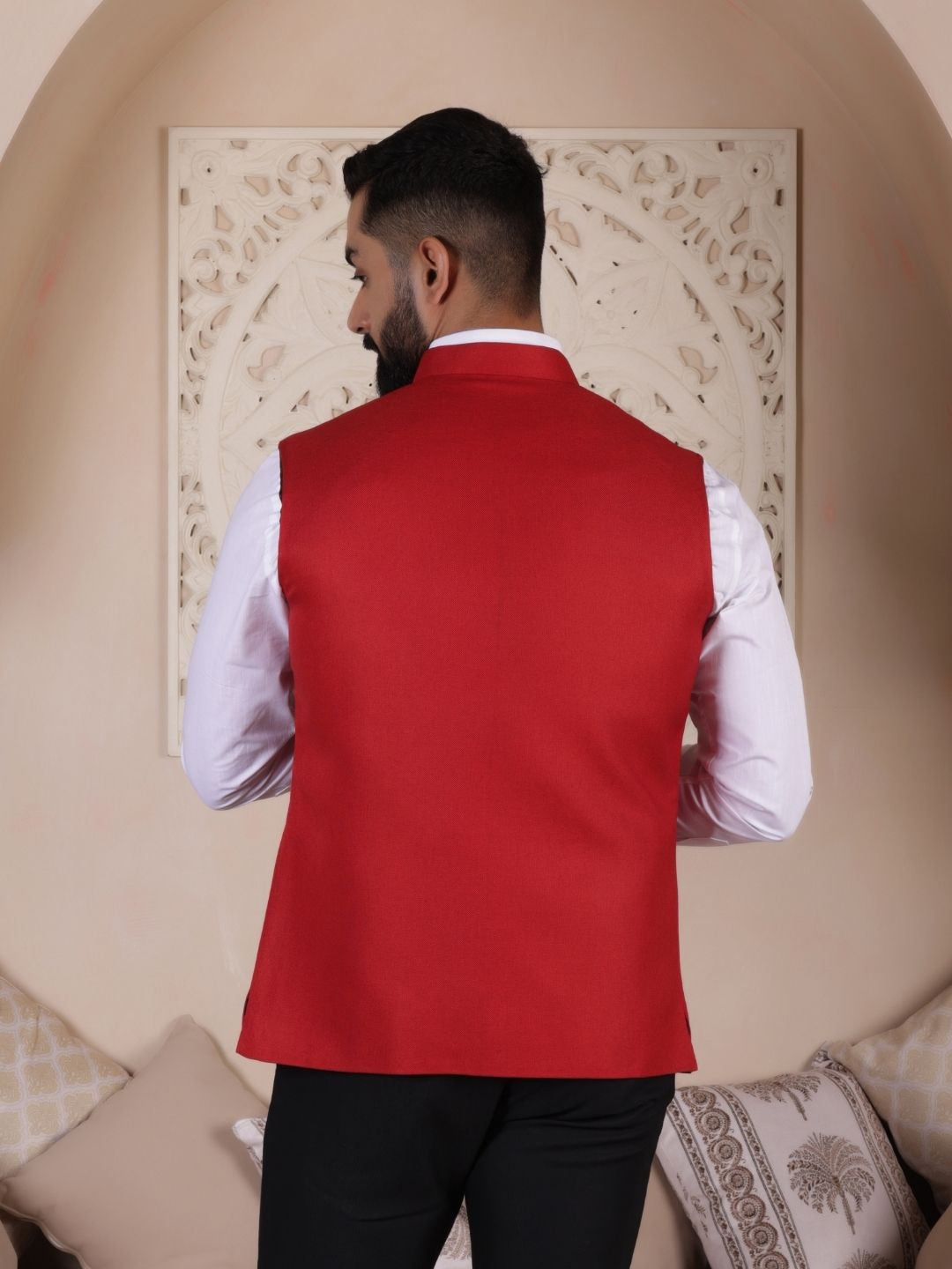 Red Solid Woven Design Nehru Jackets