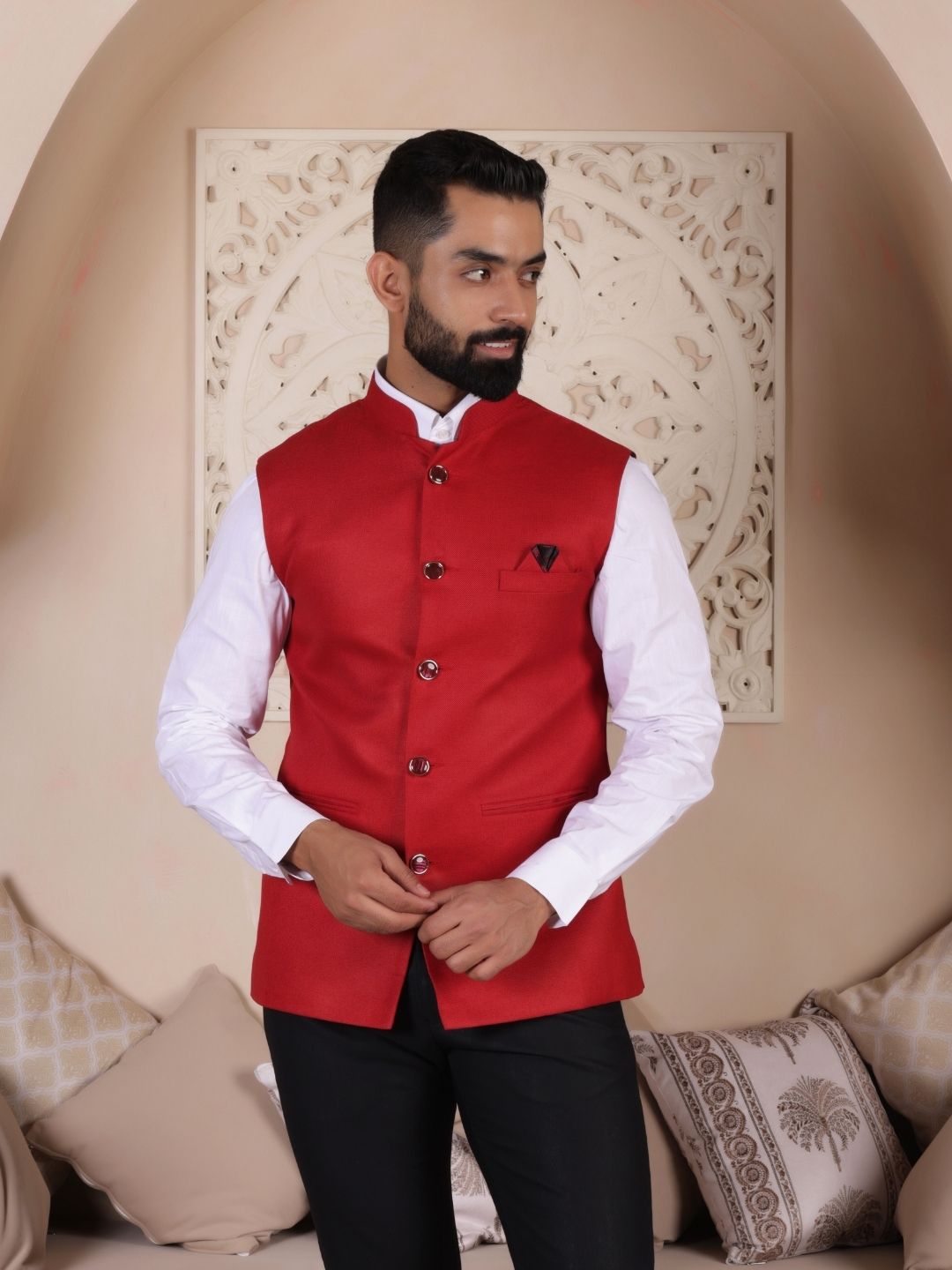 Red Solid Woven Design Nehru Jackets