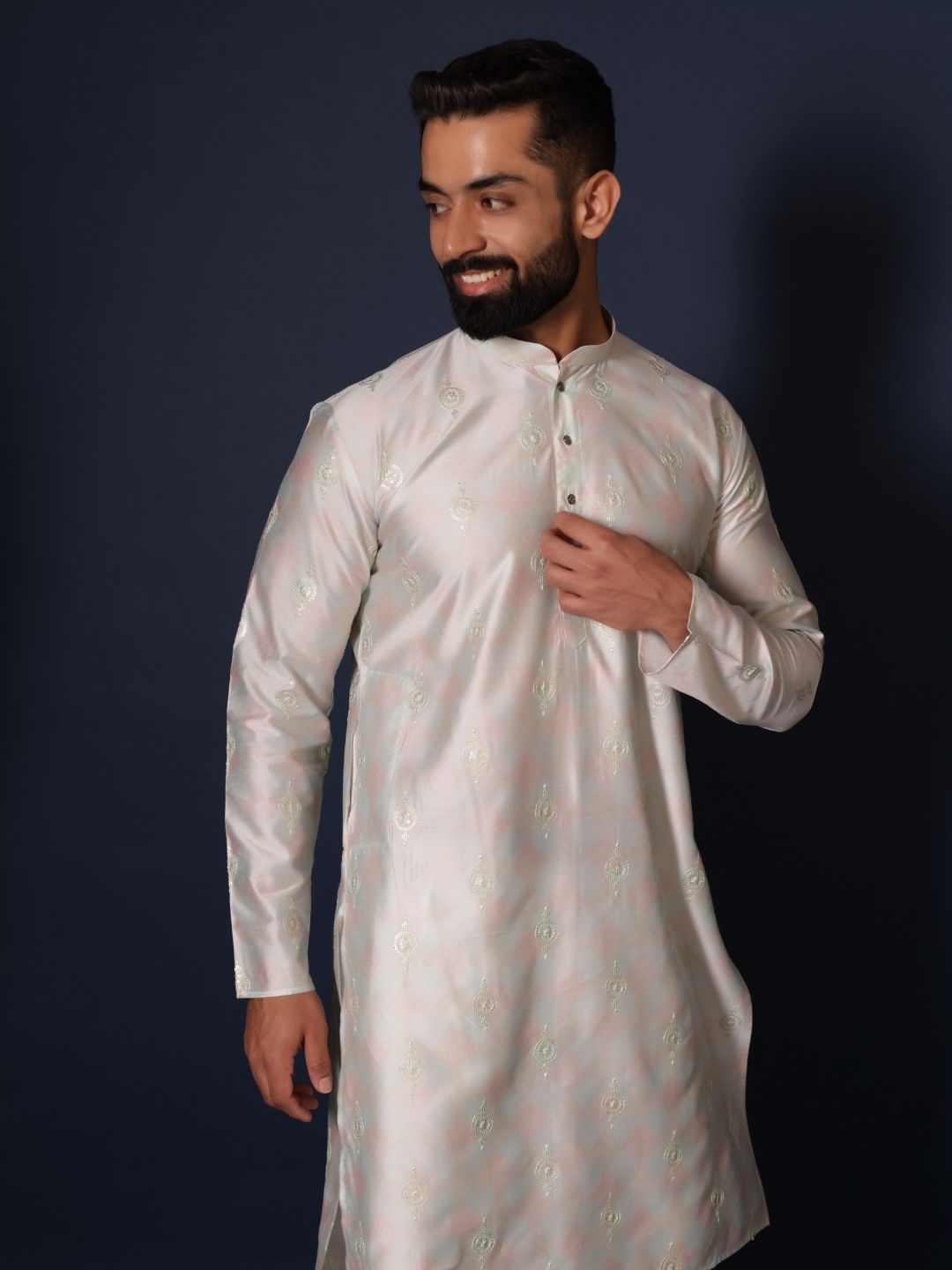 Mandarin Collar Long Sleeves Ethnic Embroidered Straight Kurta