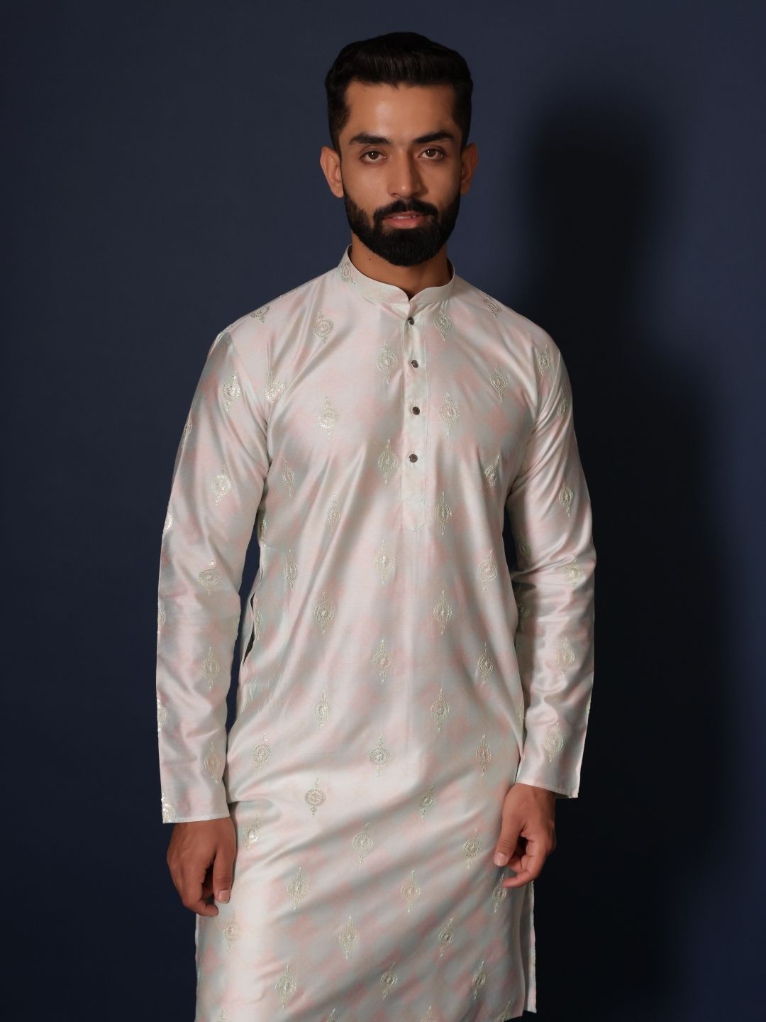 Mandarin Collar Long Sleeves Ethnic Embroidered Straight Kurta