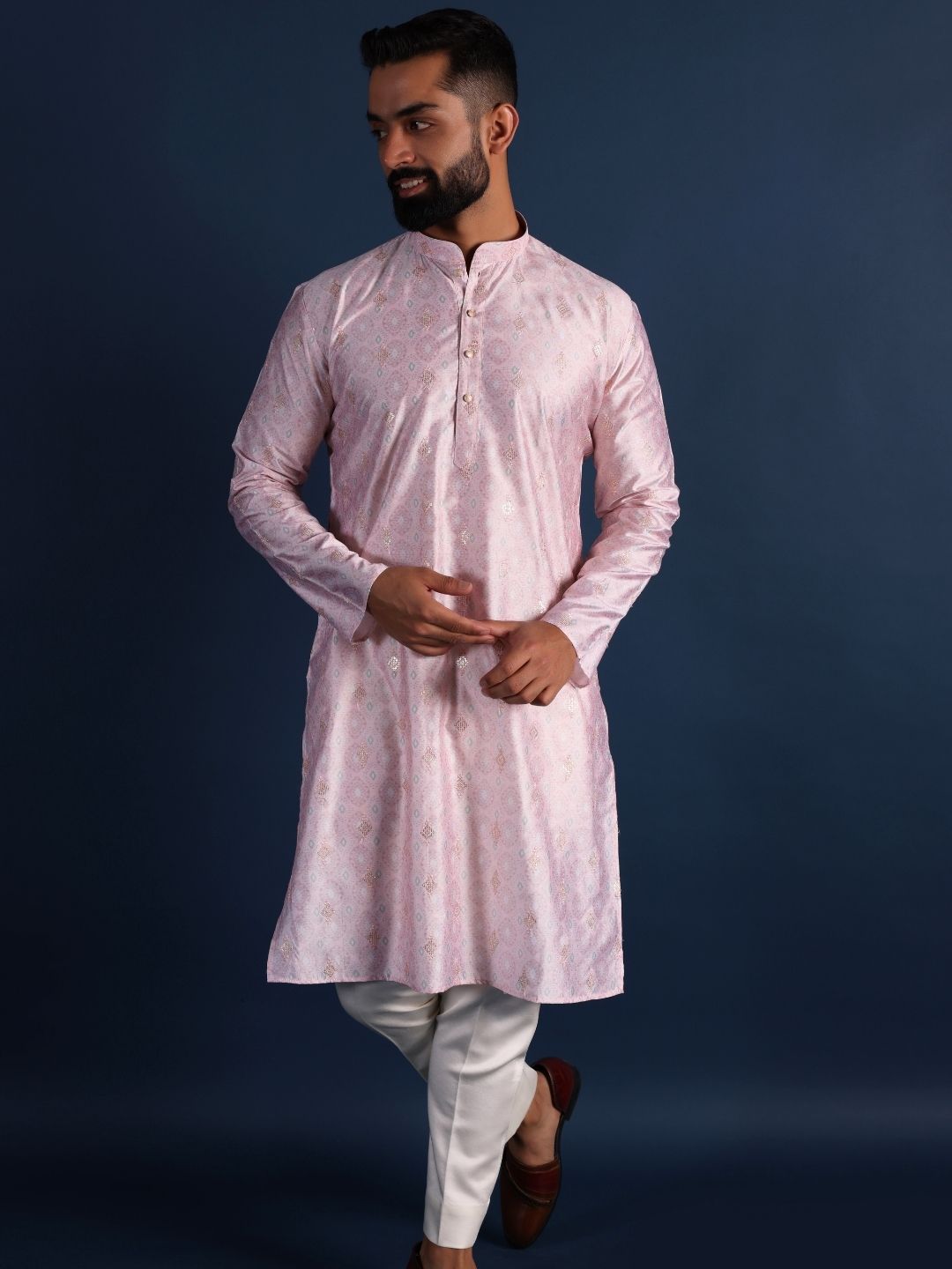 Men Pink Handloom Straight Kurta