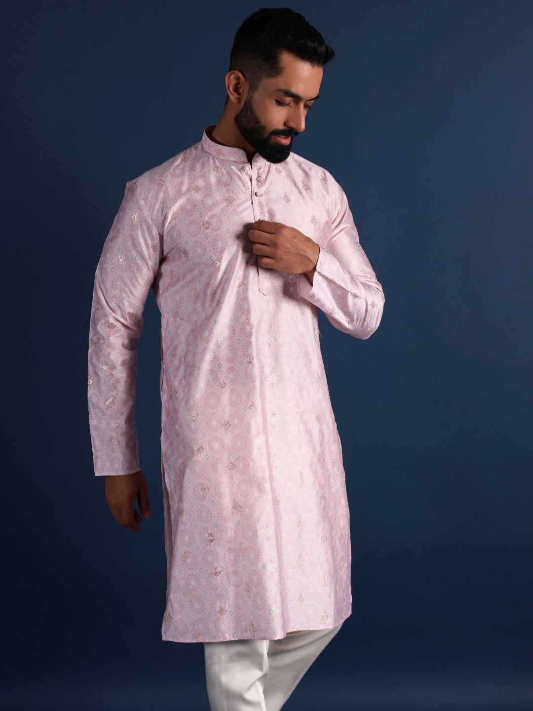 Men Pink Handloom Straight Kurta