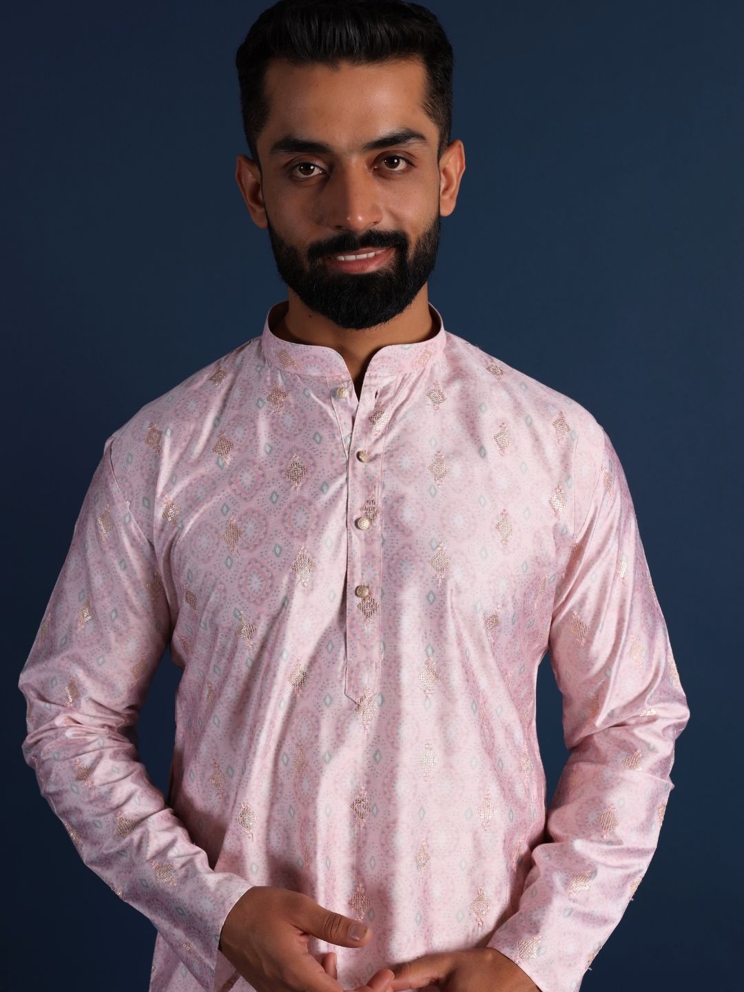 Men Pink Handloom Straight Kurta